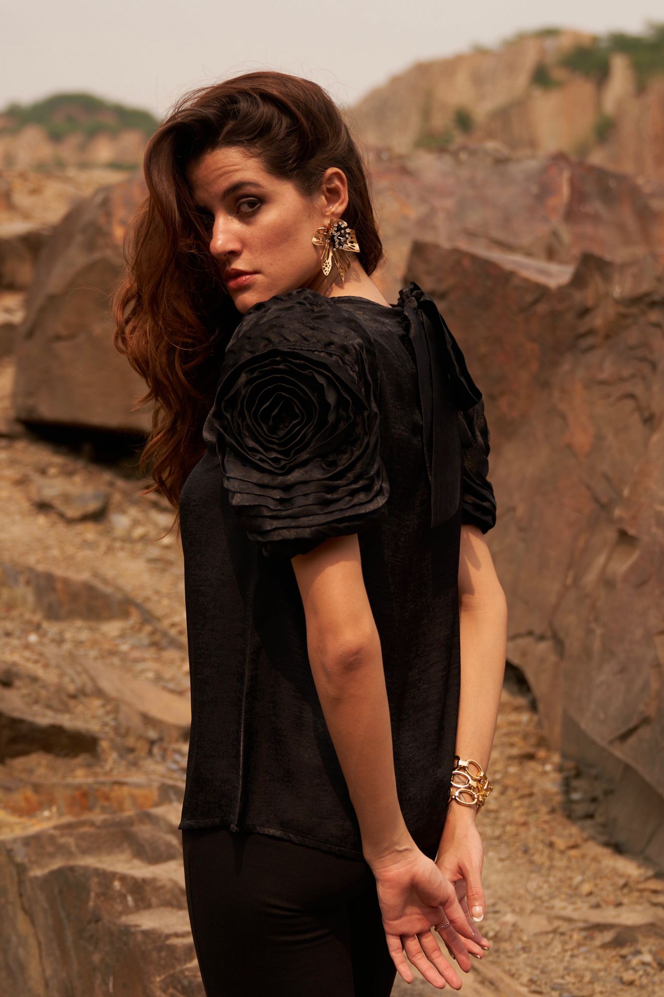 DESERT ROSE BLACK SATIN CREPE STATEMENT TOP WITH ROUND NECK AND DETAILED SLEEVES