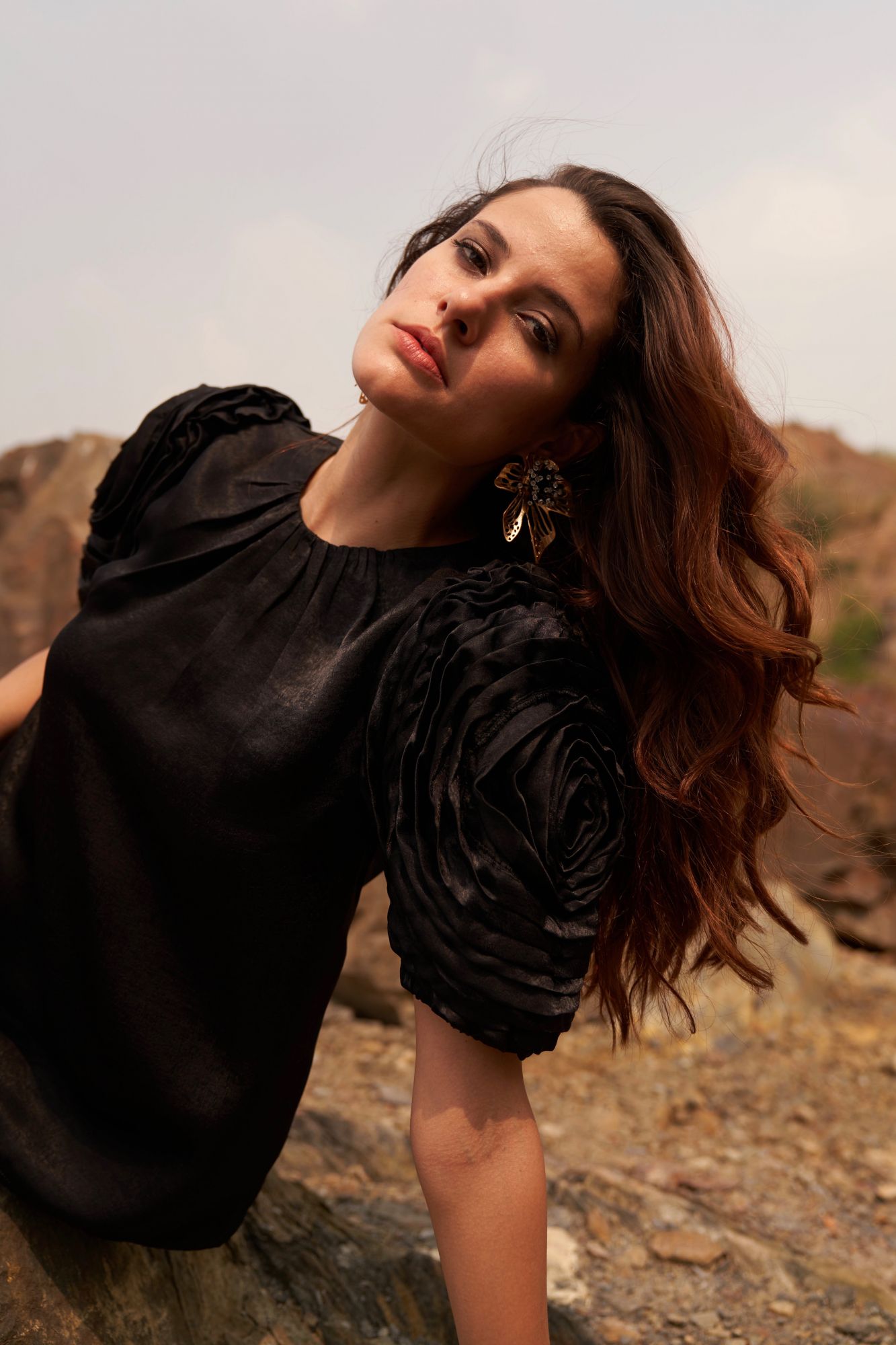 DESERT ROSE BLACK SATIN CREPE STATEMENT TOP WITH ROUND NECK AND DETAILED SLEEVES