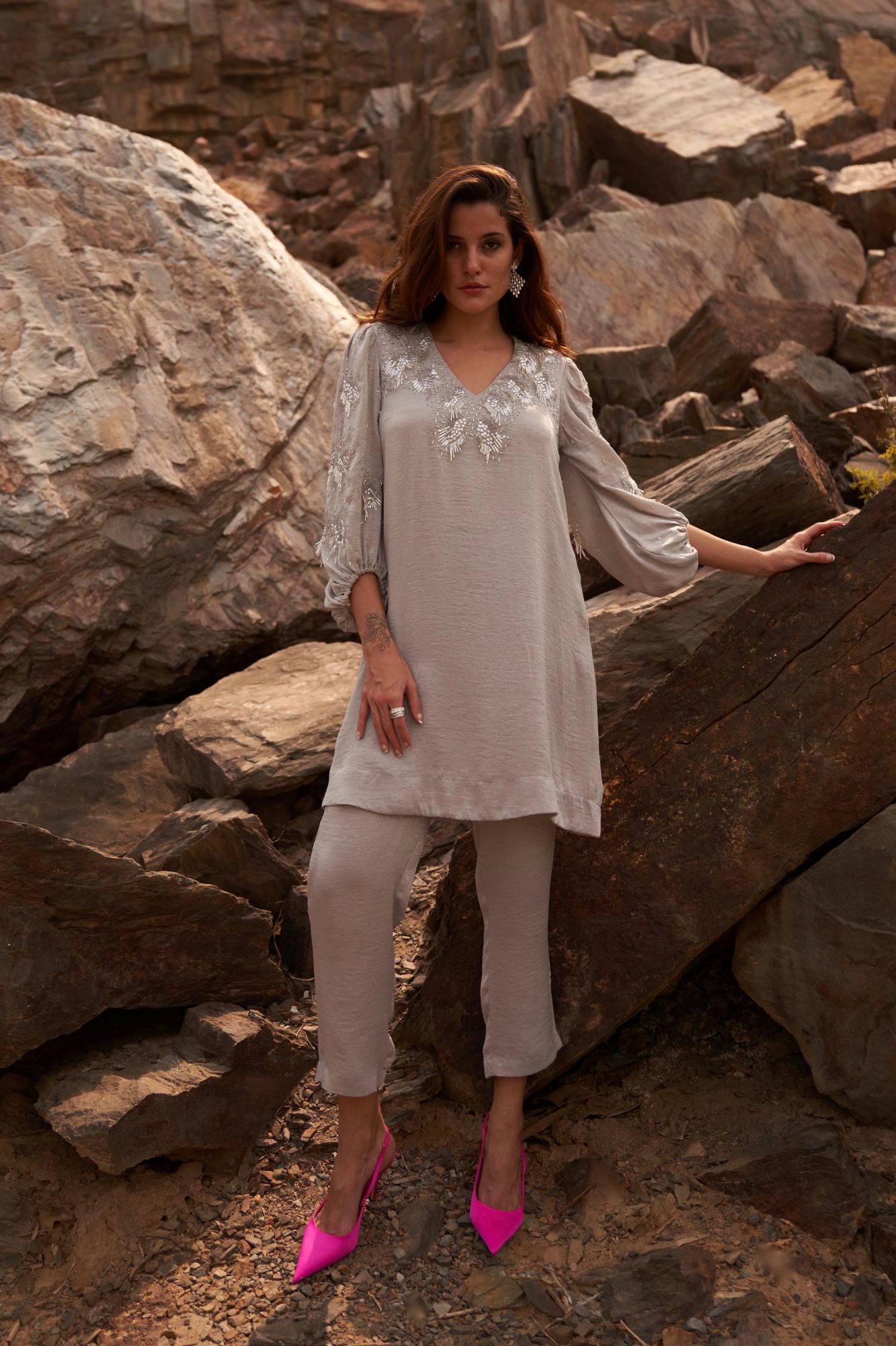 DESERT ROSE SILVER COLOR SATIN CREPE SEQUIN AND BEAD HAND EMBROIDERY TUNIC WITH PANT CO-ORDINATE