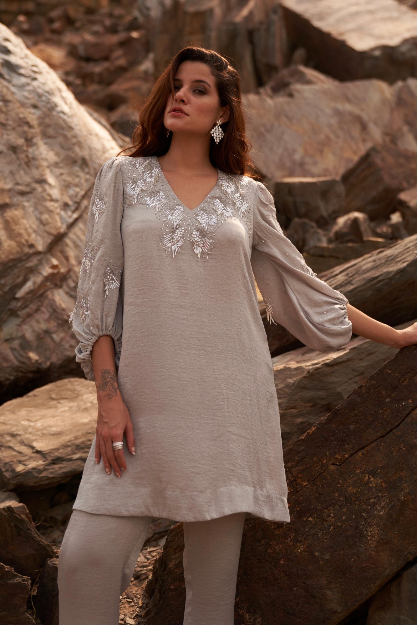 DESERT ROSE SILVER COLOR SATIN CREPE SEQUIN AND BEAD HAND EMBROIDERY TUNIC WITH PANT CO-ORDINATE
