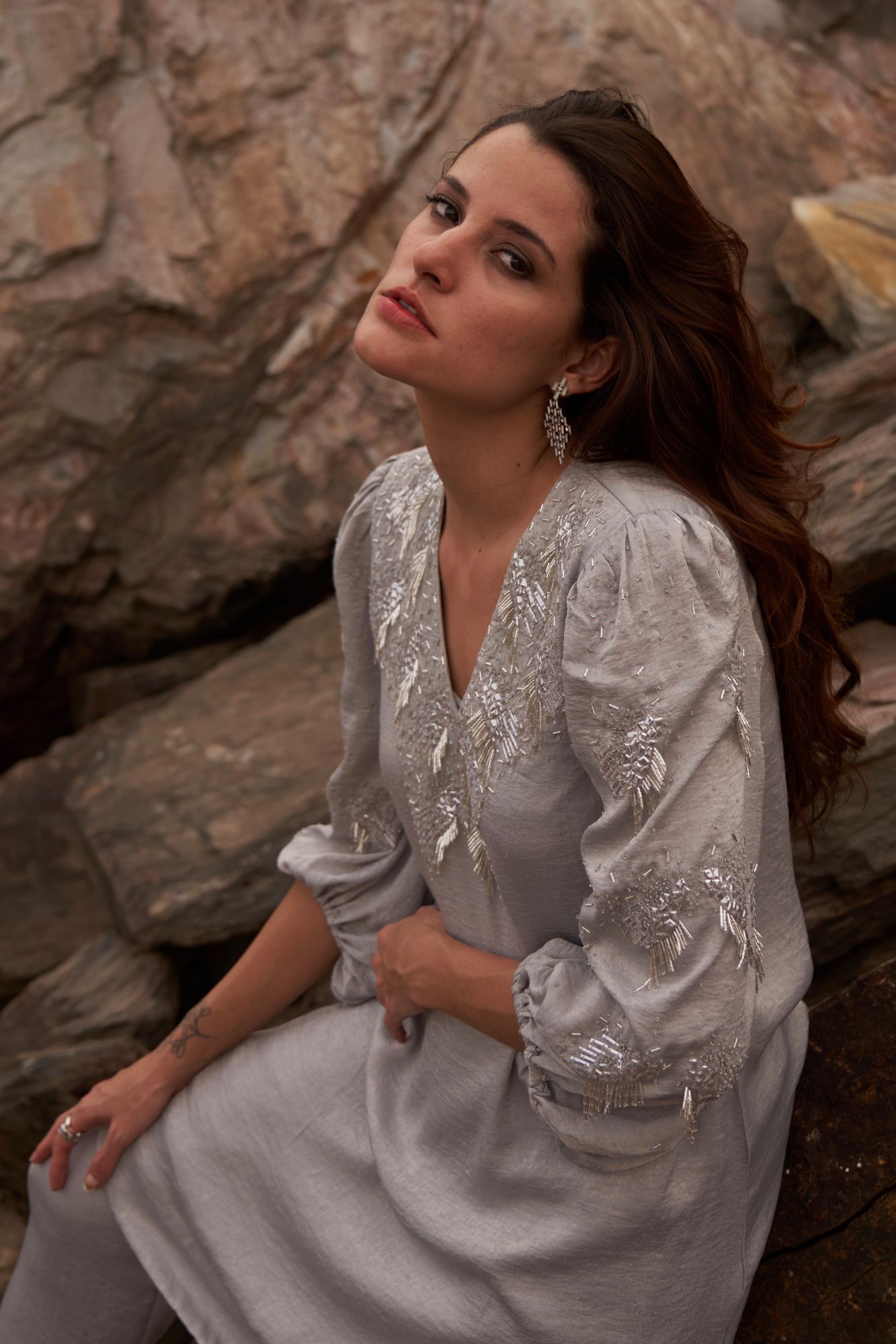 DESERT ROSE SILVER COLOR SATIN CREPE SEQUIN AND BEAD HAND EMBROIDERY TUNIC WITH PANT CO-ORDINATE