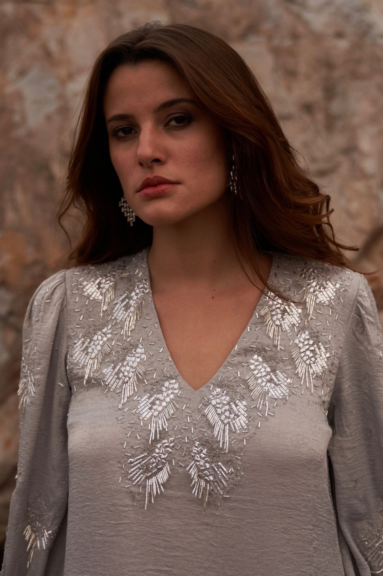 DESERT ROSE SILVER COLOR SATIN CREPE SEQUIN AND BEAD HAND EMBROIDERY TUNIC WITH PANT CO-ORDINATE