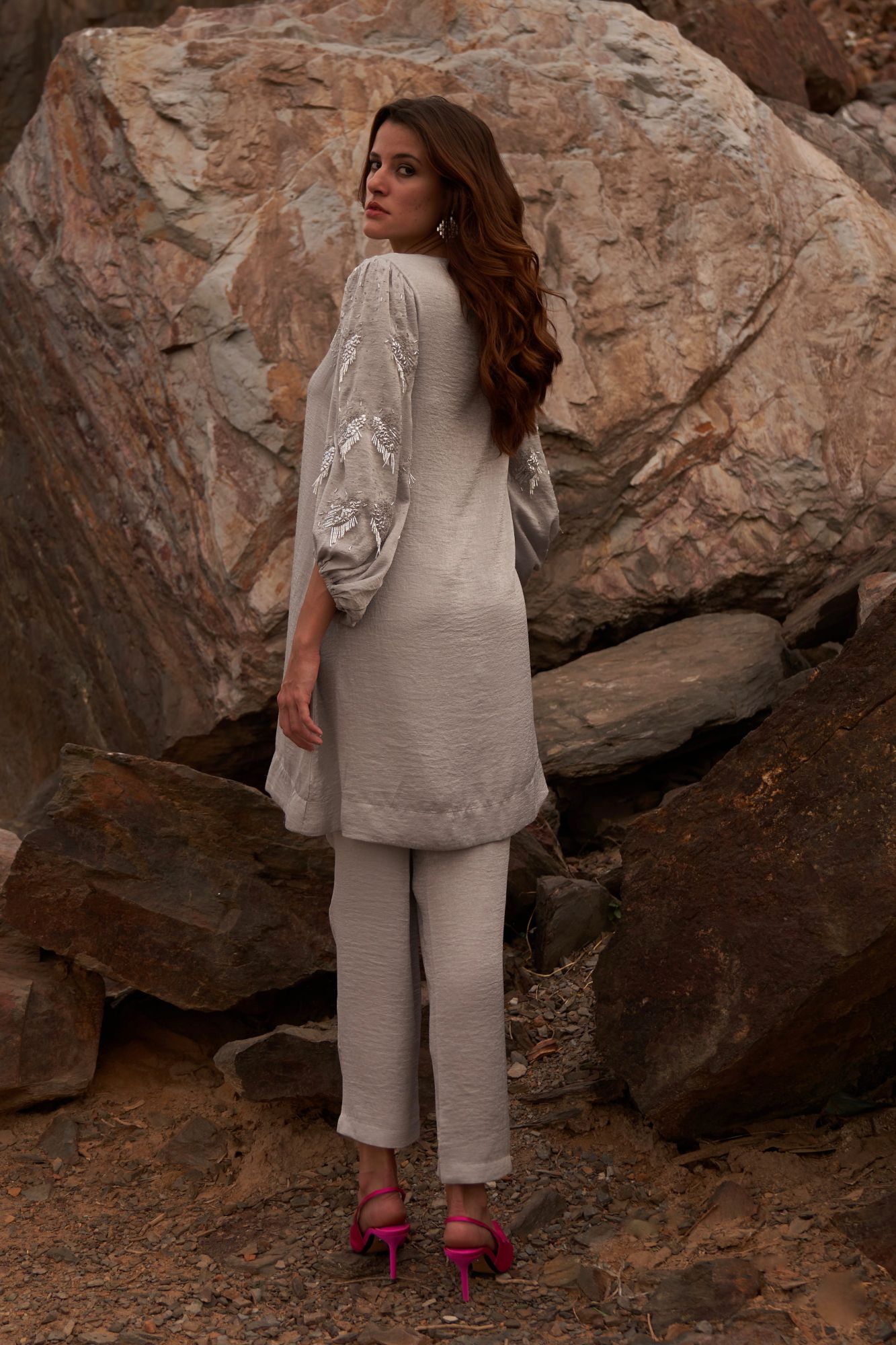 DESERT ROSE SILVER COLOR SATIN CREPE SEQUIN AND BEAD HAND EMBROIDERY TUNIC WITH PANT CO-ORDINATE