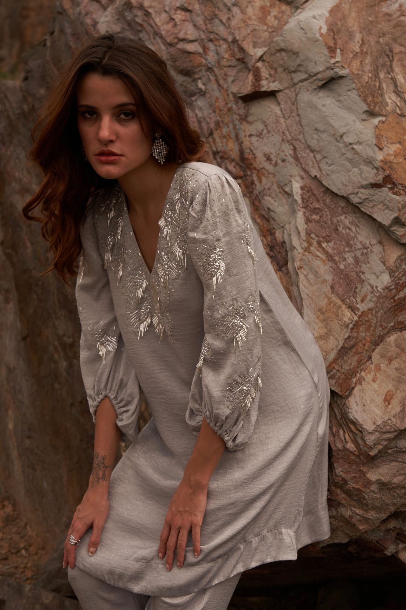 DESERT ROSE SILVER COLOR SATIN CREPE SEQUIN AND BEAD HAND EMBROIDERY TUNIC WITH PANT CO-ORDINATE