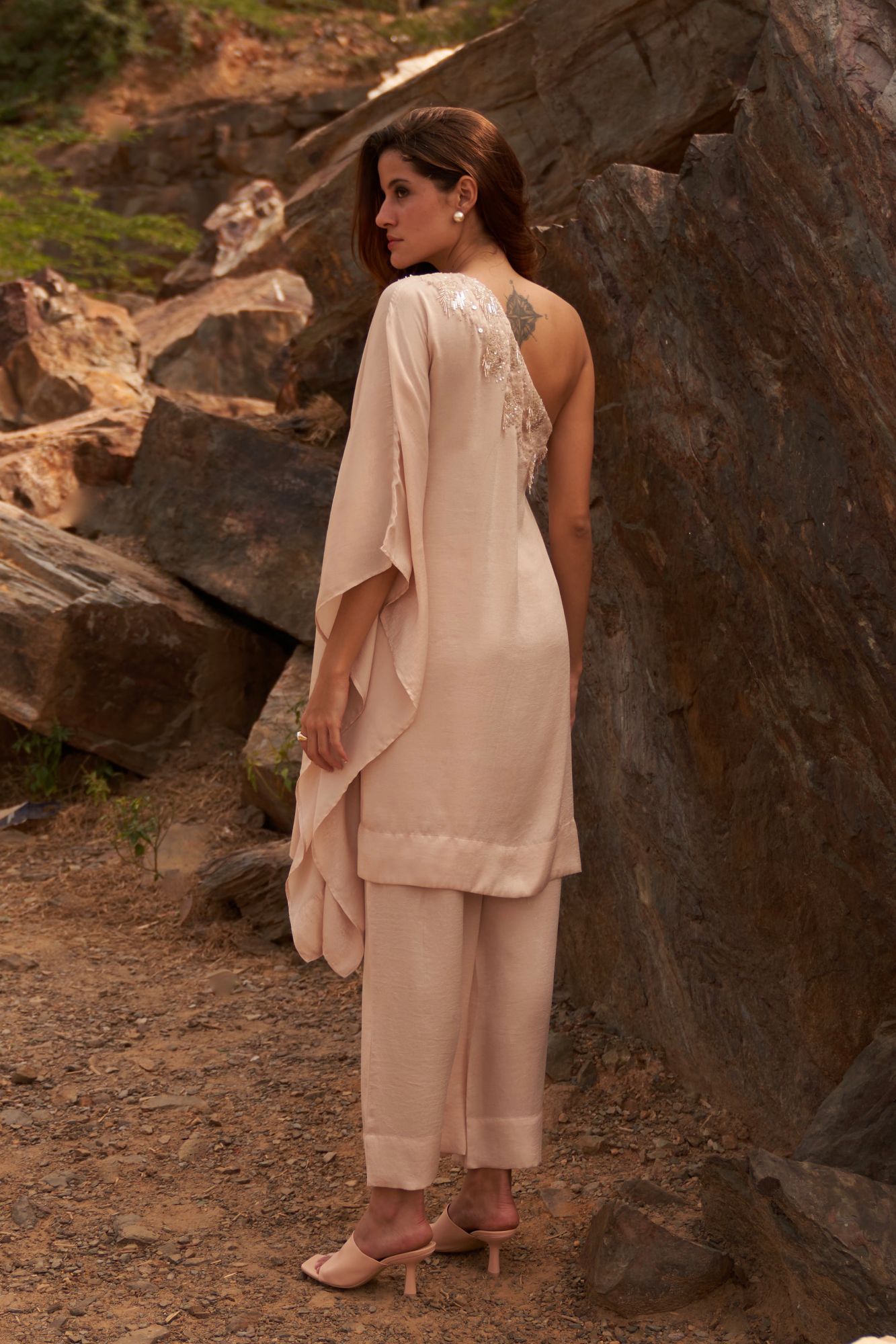 DESERT ROSE ECRU COLOR SATIN CREPE ONE SIDED SHOULDER CO-ORD SET WITH SEQUIN BEAD HAND WORK