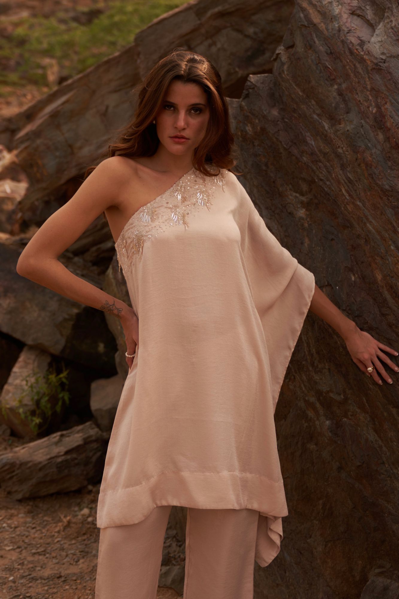 DESERT ROSE ECRU COLOR SATIN CREPE ONE SIDED SHOULDER CO-ORD SET WITH SEQUIN BEAD HAND WORK