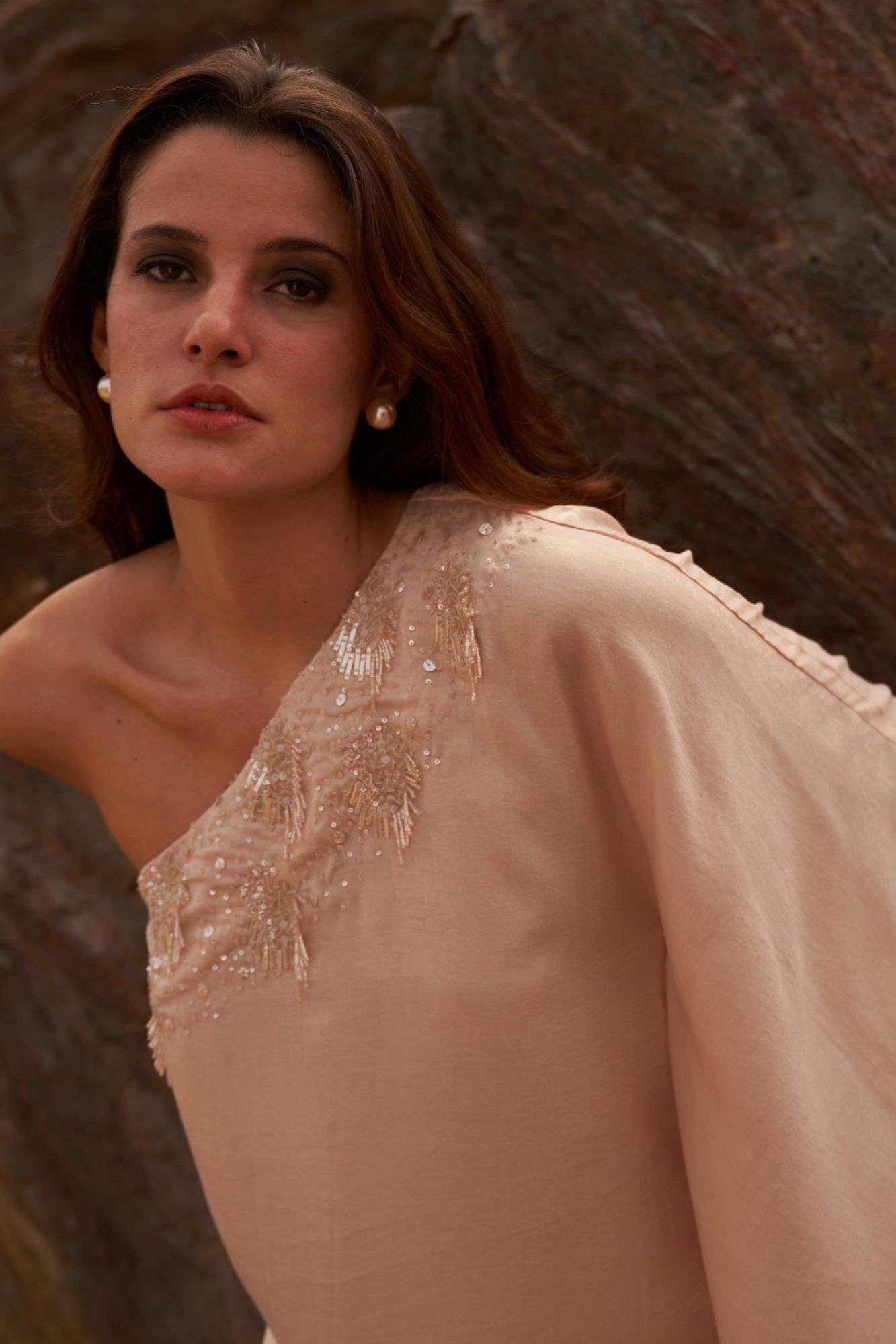 DESERT ROSE ECRU COLOR SATIN CREPE ONE SIDED SHOULDER CO-ORD SET WITH SEQUIN BEAD HAND WORK