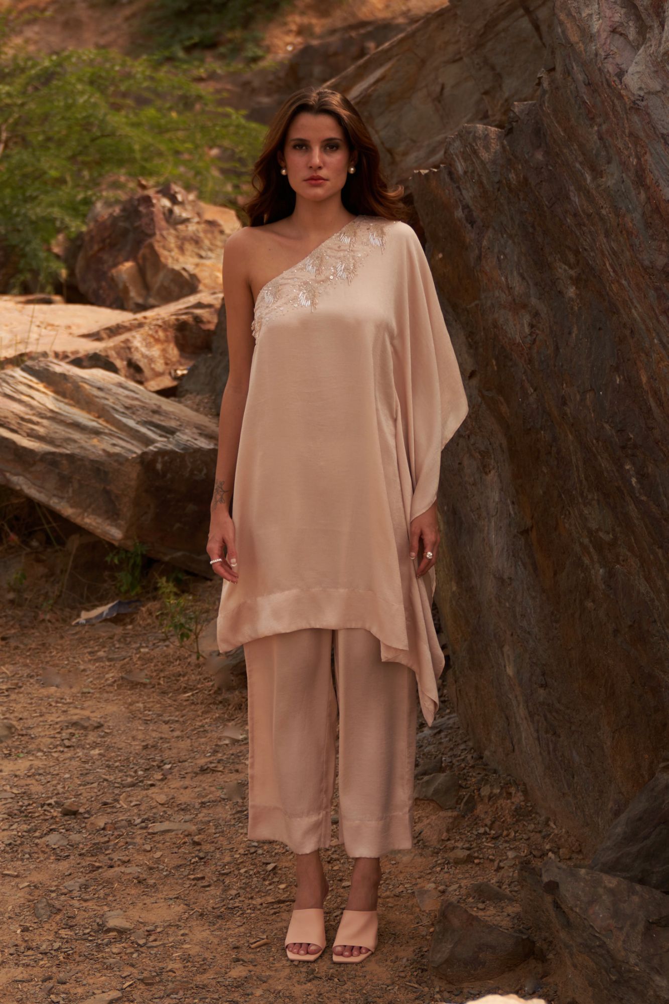 DESERT ROSE ECRU COLOR SATIN CREPE ONE SIDED SHOULDER CO-ORD SET WITH SEQUIN BEAD HAND WORK