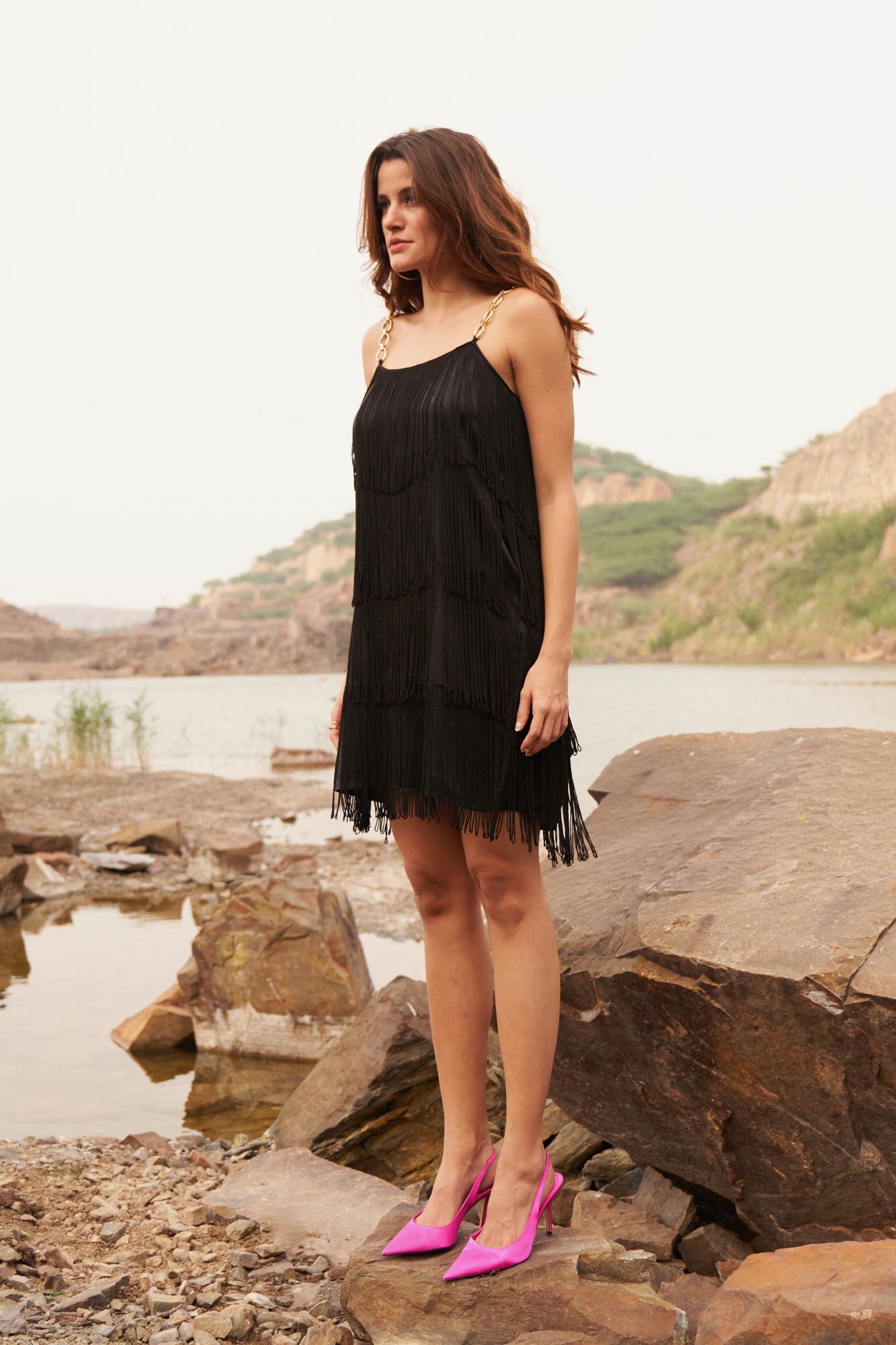 DESERT ROSE BLACK COLOR SATIN FABRIC KNEE LENGTH FRINGE DRESS WITH METAL CHAIN SHOULDER STRAPS