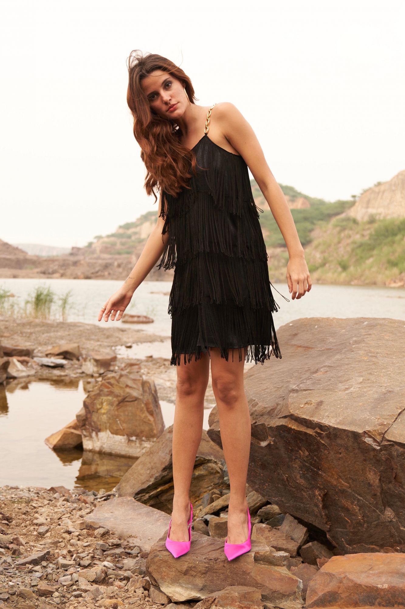 DESERT ROSE BLACK COLOR SATIN FABRIC KNEE LENGTH FRINGE DRESS WITH METAL CHAIN SHOULDER STRAPS