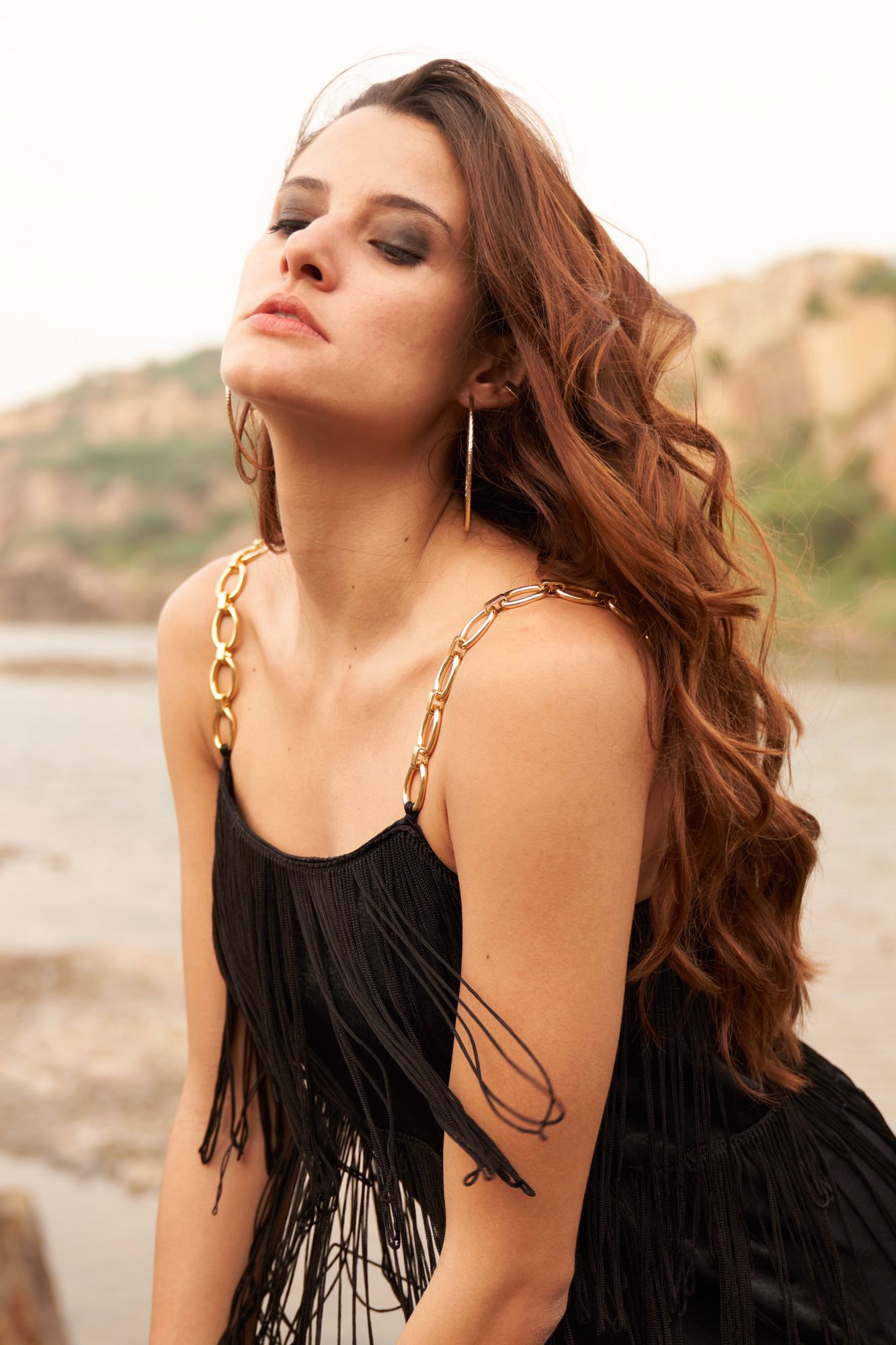 DESERT ROSE BLACK COLOR SATIN FABRIC KNEE LENGTH FRINGE DRESS WITH METAL CHAIN SHOULDER STRAPS