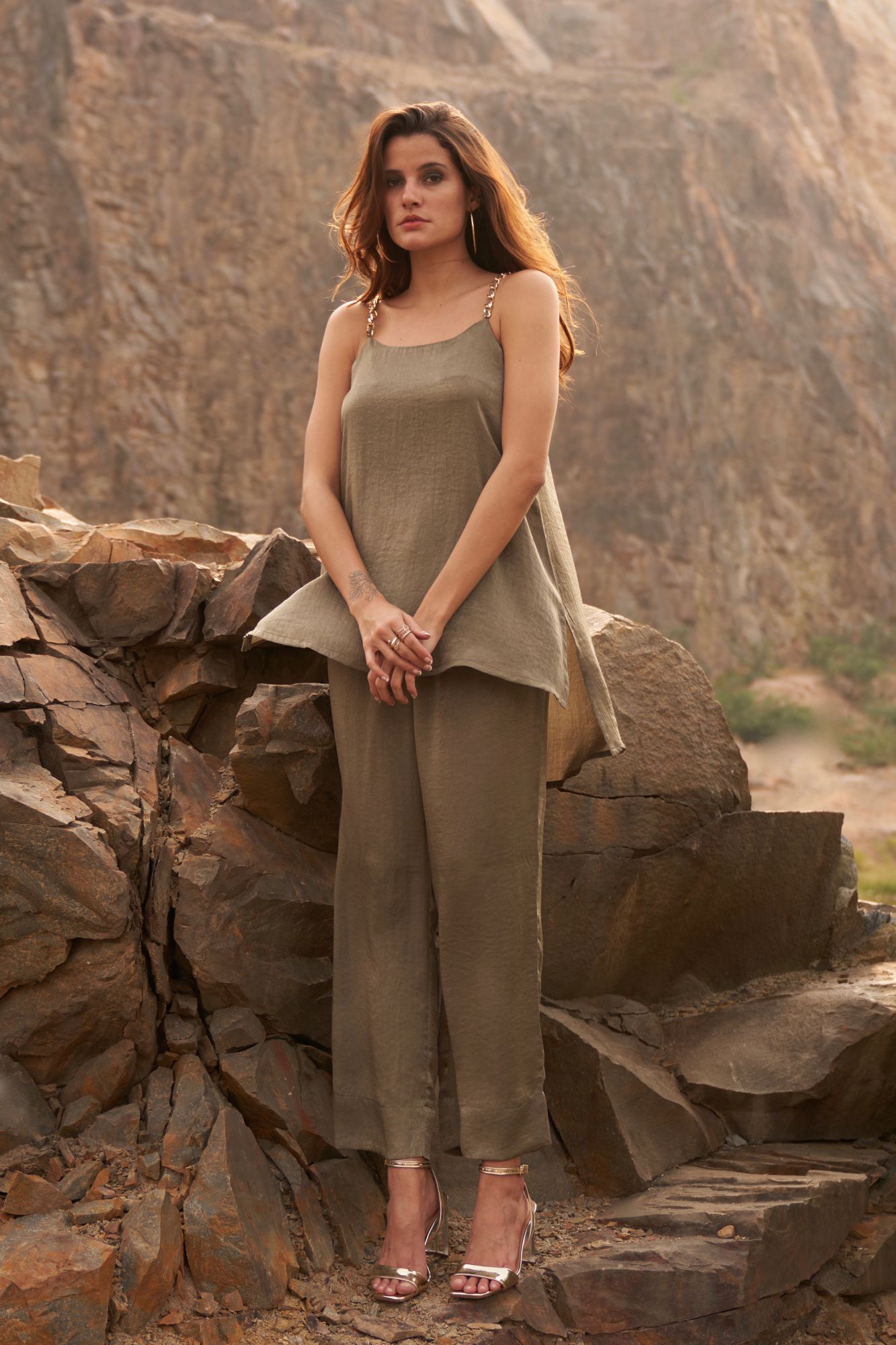 DESERT ROSE OLIVE COLOR SATIN CREPE METAL CHAIN SHOULDER STRAPS TUNIC WITH PANT CO-ORDINATE