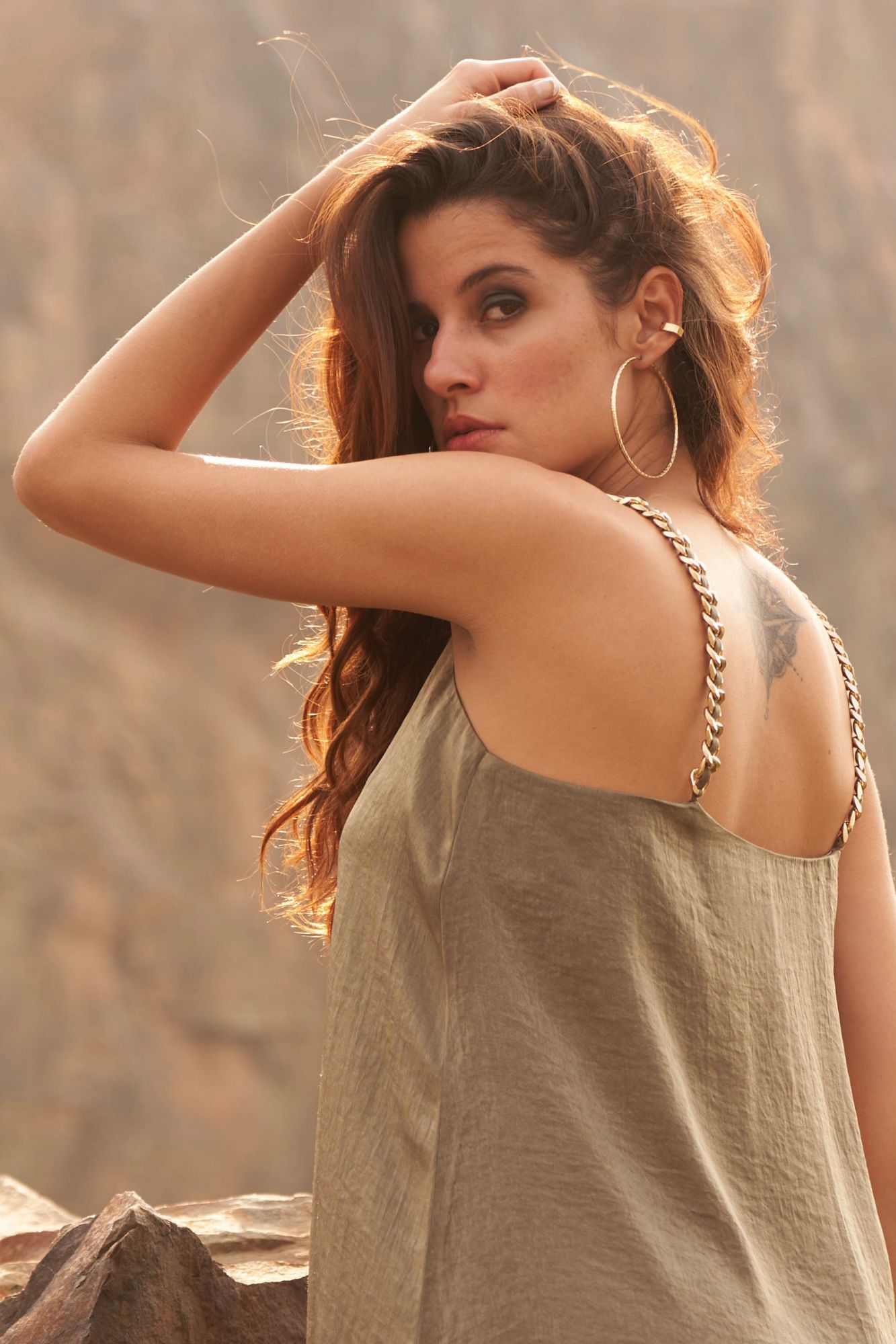 DESERT ROSE OLIVE COLOR SATIN CREPE METAL CHAIN SHOULDER STRAPS TUNIC WITH PANT CO-ORDINATE