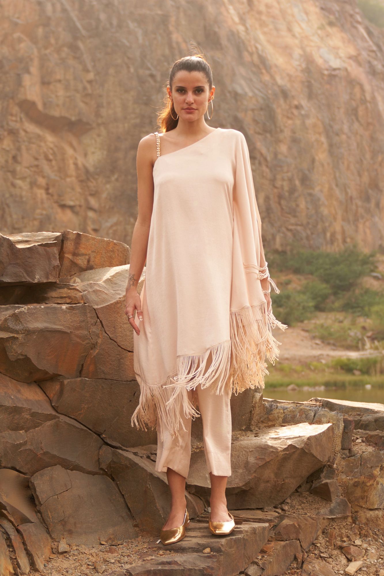 DESERT ROSE ECRU COLOR SATIN CREPE FRINGED HEM ONE SIDED SHOULDER TUNIC WITH PANTS CO-ORDINATE