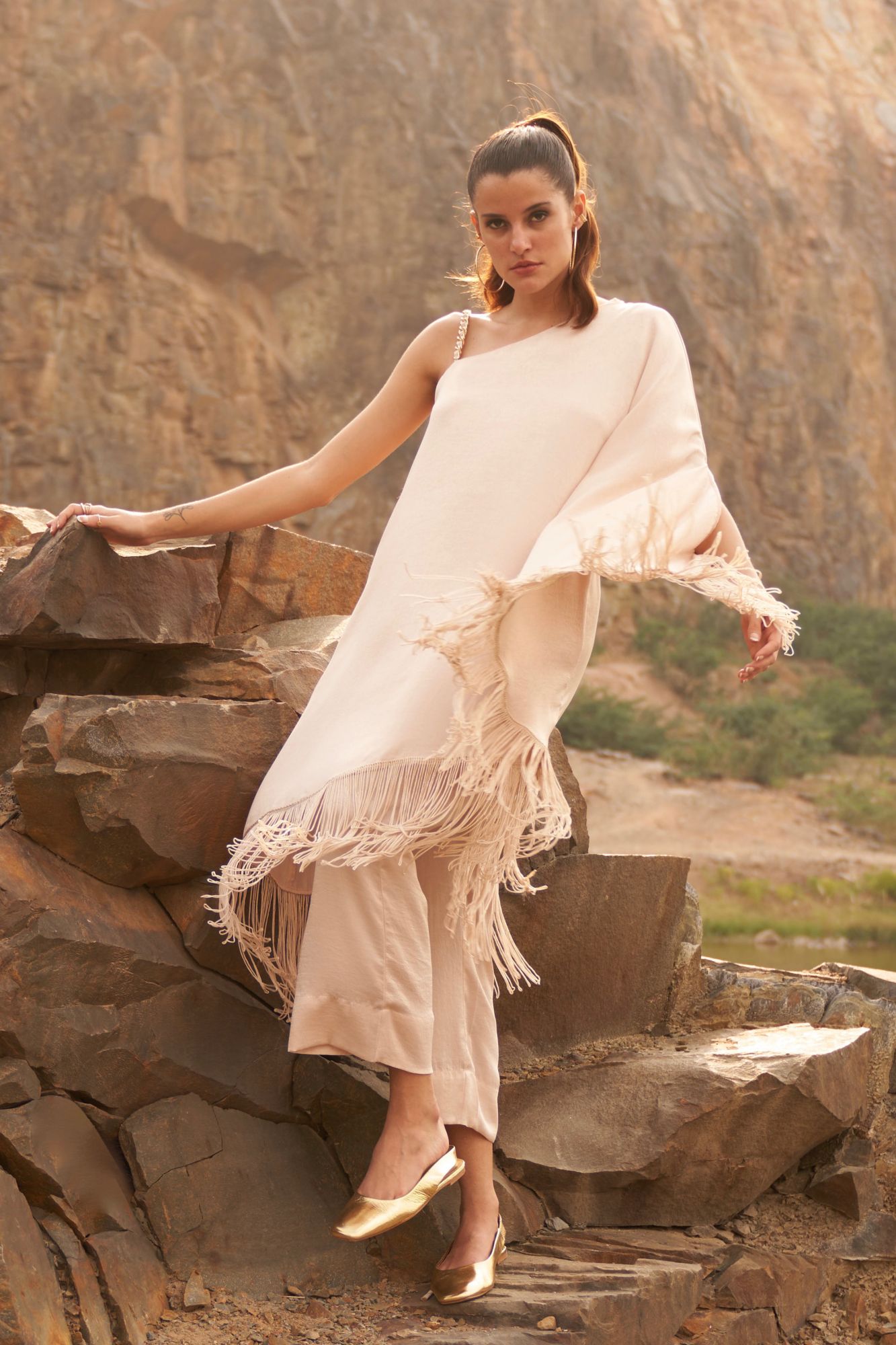 DESERT ROSE ECRU COLOR SATIN CREPE FRINGED HEM ONE SIDED SHOULDER TUNIC WITH PANTS CO-ORDINATE