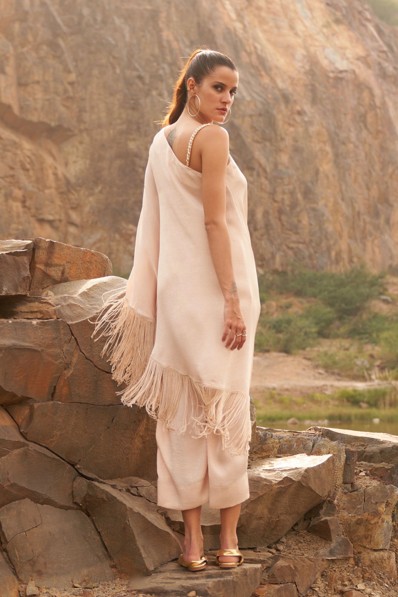 DESERT ROSE ECRU COLOR SATIN CREPE FRINGED HEM ONE SIDED SHOULDER TUNIC WITH PANTS CO-ORDINATE