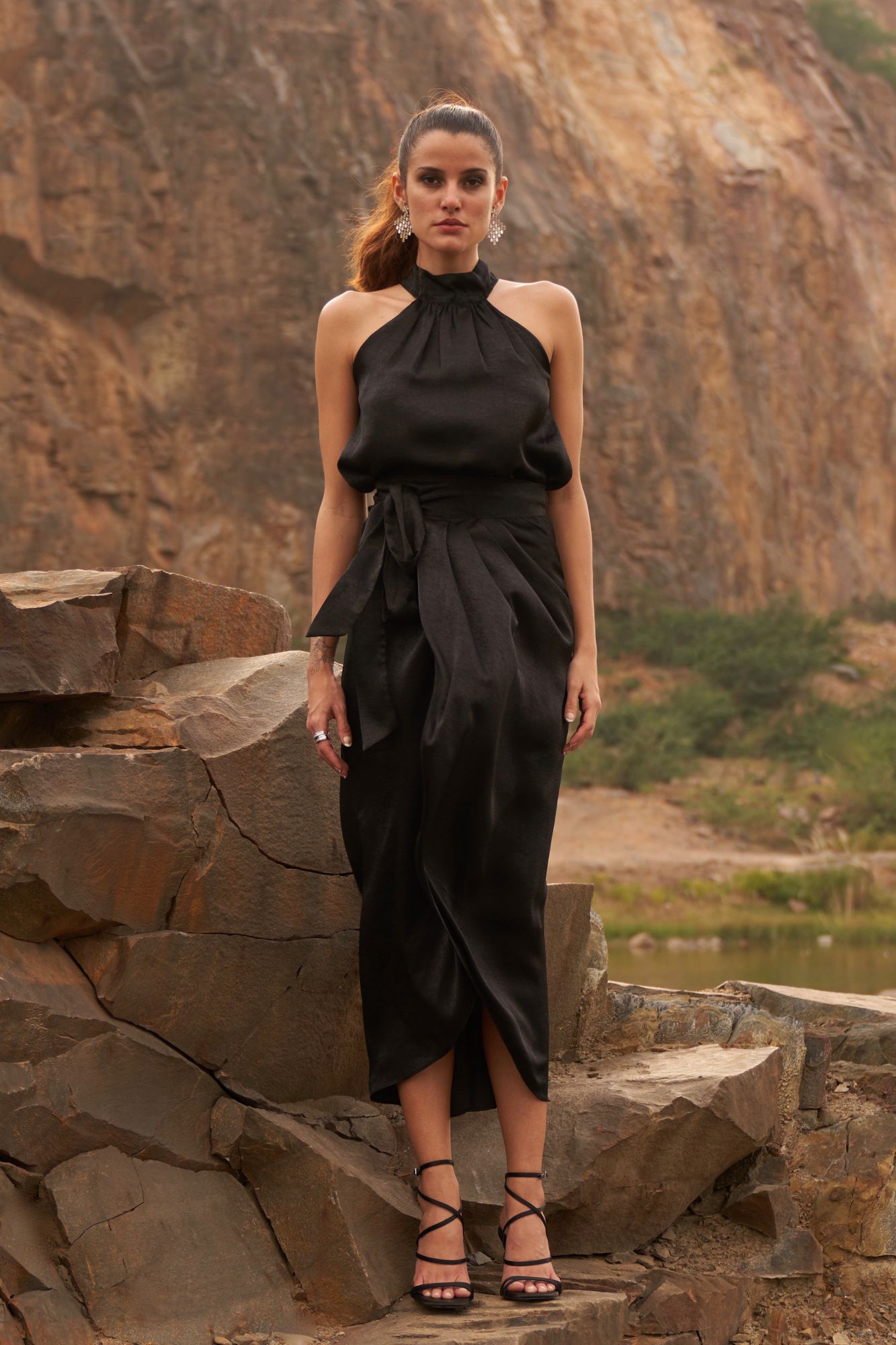 DESERT ROSE BLACK COLOR SATIN CREPE SLEEVELESS TOP WITH WRAP MIDI LENGTH SKIRT CO-ORDINATE