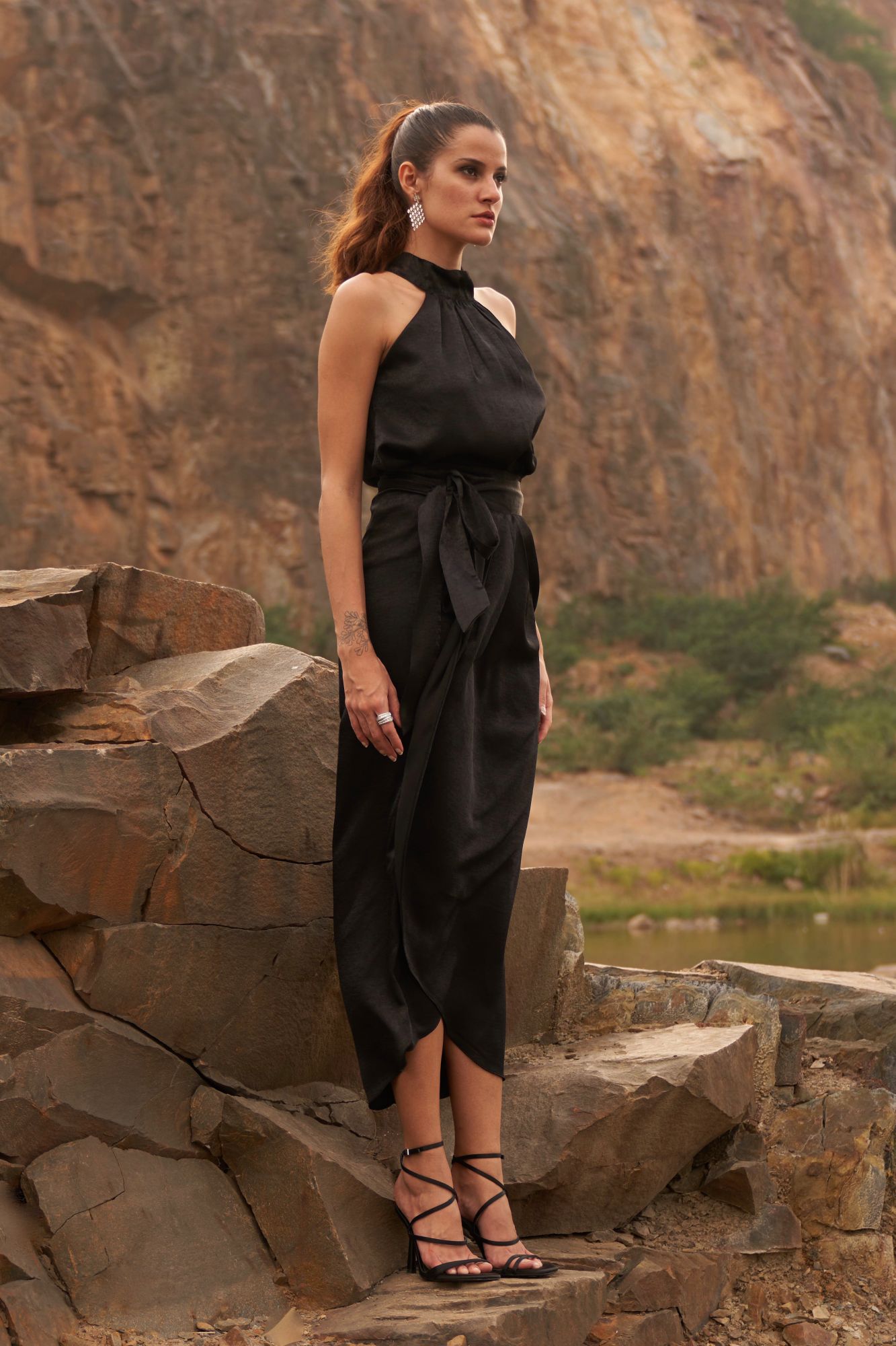 DESERT ROSE BLACK COLOR SATIN CREPE SLEEVELESS TOP WITH WRAP MIDI LENGTH SKIRT CO-ORDINATE