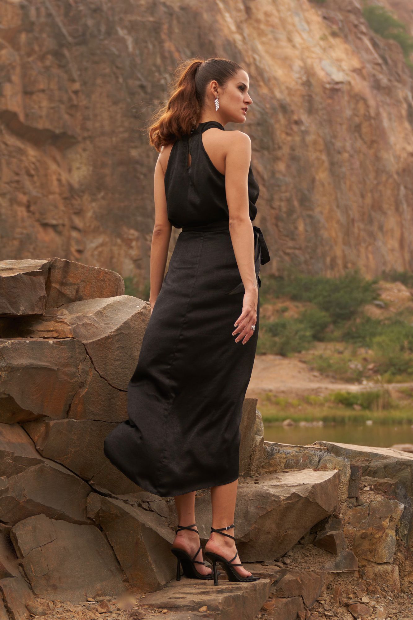 DESERT ROSE BLACK COLOR SATIN CREPE SLEEVELESS TOP WITH WRAP MIDI LENGTH SKIRT CO-ORDINATE