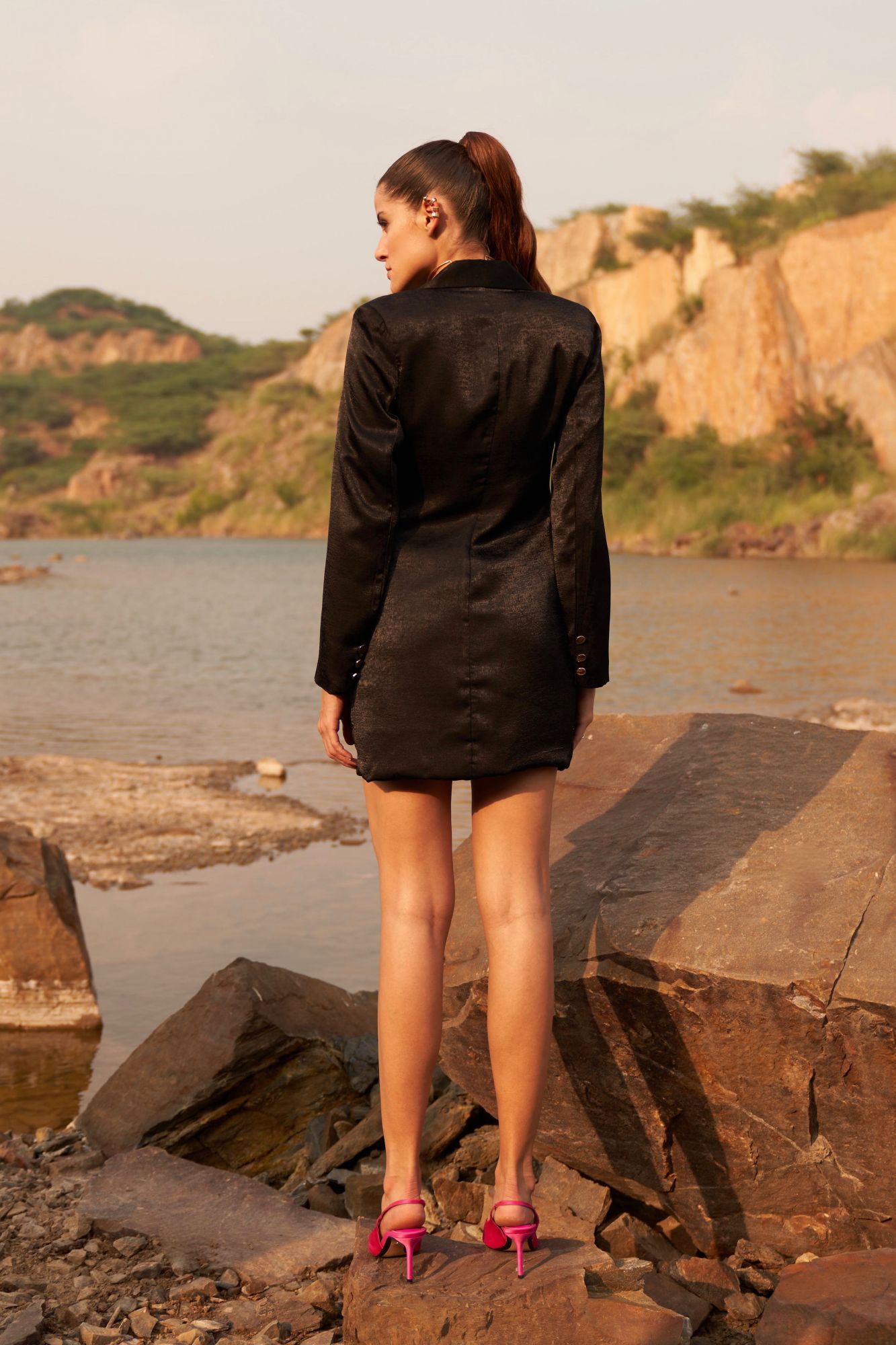 DESERT ROSE BLACK SATIN CREPE MINI LENGTH FULL SLEEVES DOUBLE BREASTED JACKET PARTY DRESS