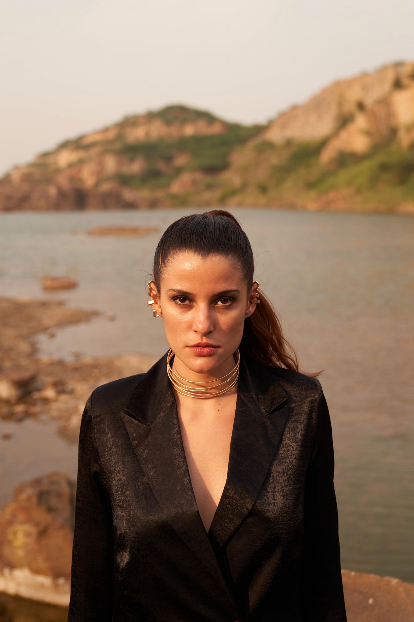 DESERT ROSE BLACK SATIN CREPE MINI LENGTH FULL SLEEVES DOUBLE BREASTED JACKET PARTY DRESS