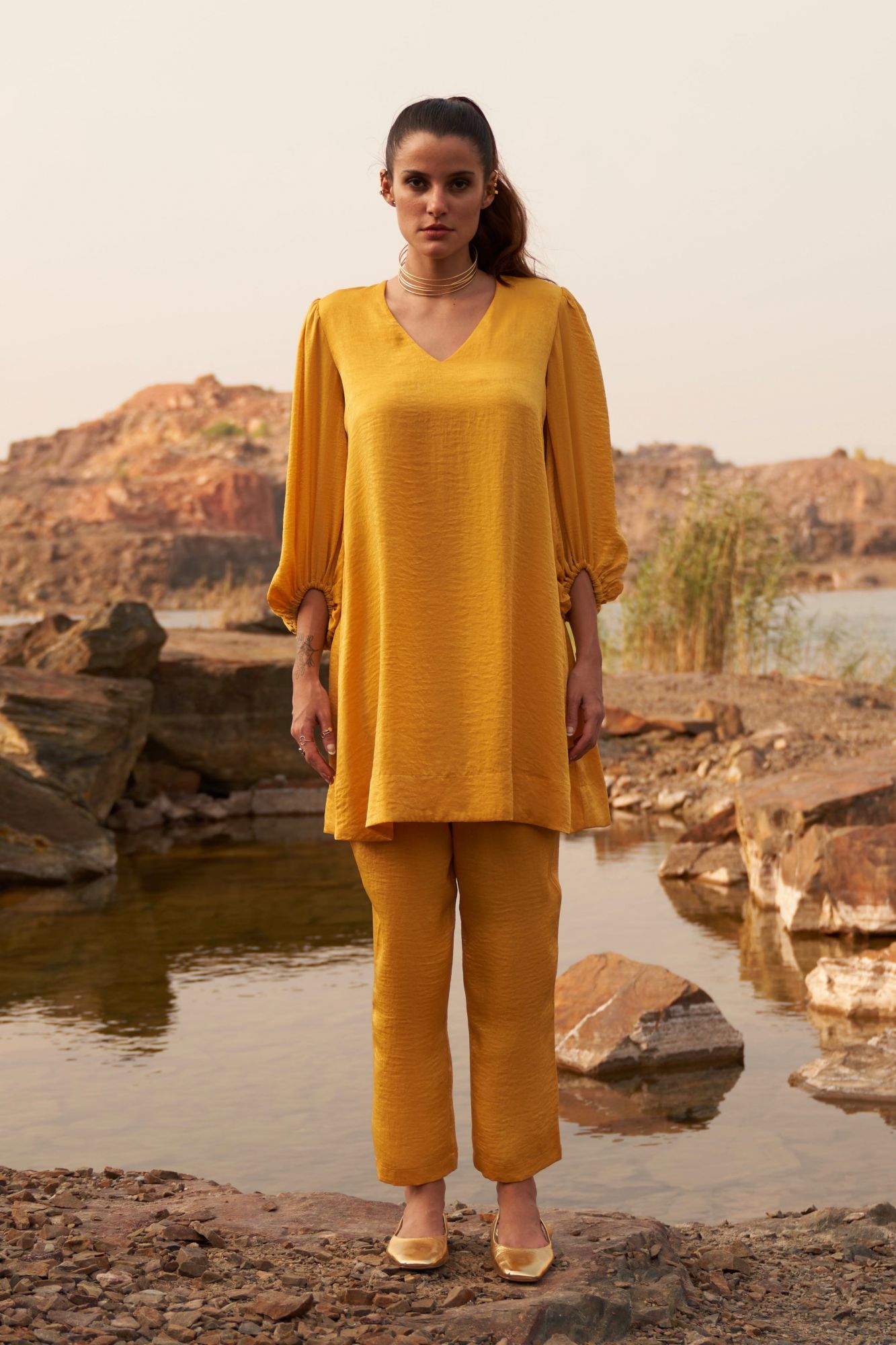 DESERT ROSE YELLOW SATIN CREPE 34TH LENGTH ELASTICATED SLEEVES V-NECK TUNIC WITH PANTS CO-ORDINATE
