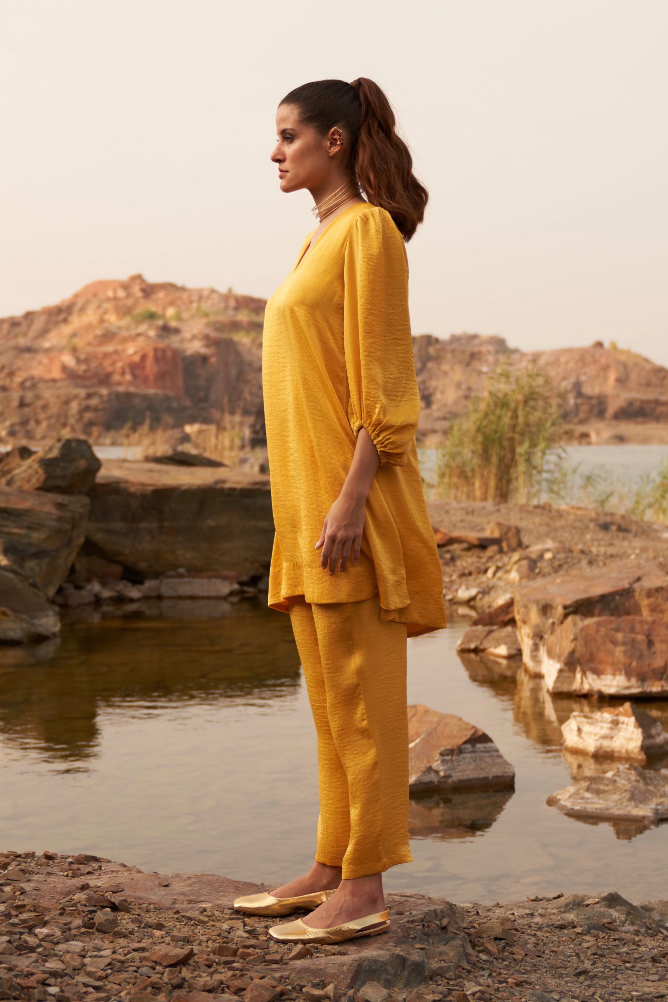 DESERT ROSE YELLOW SATIN CREPE 34TH LENGTH ELASTICATED SLEEVES V-NECK TUNIC WITH PANTS CO-ORDINATE