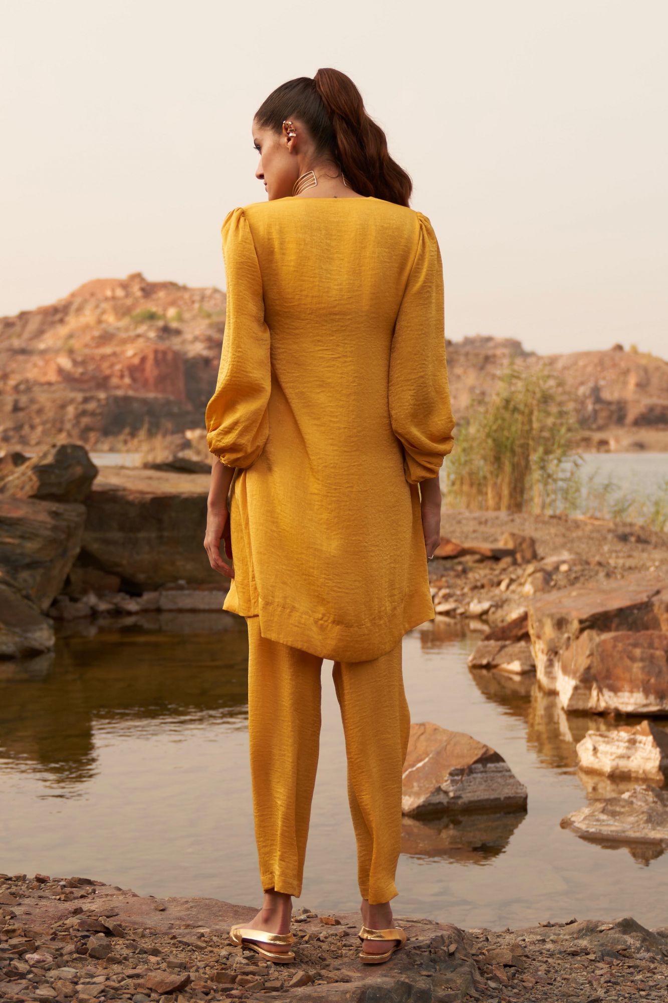 DESERT ROSE YELLOW SATIN CREPE 34TH LENGTH ELASTICATED SLEEVES V-NECK TUNIC WITH PANTS CO-ORDINATE