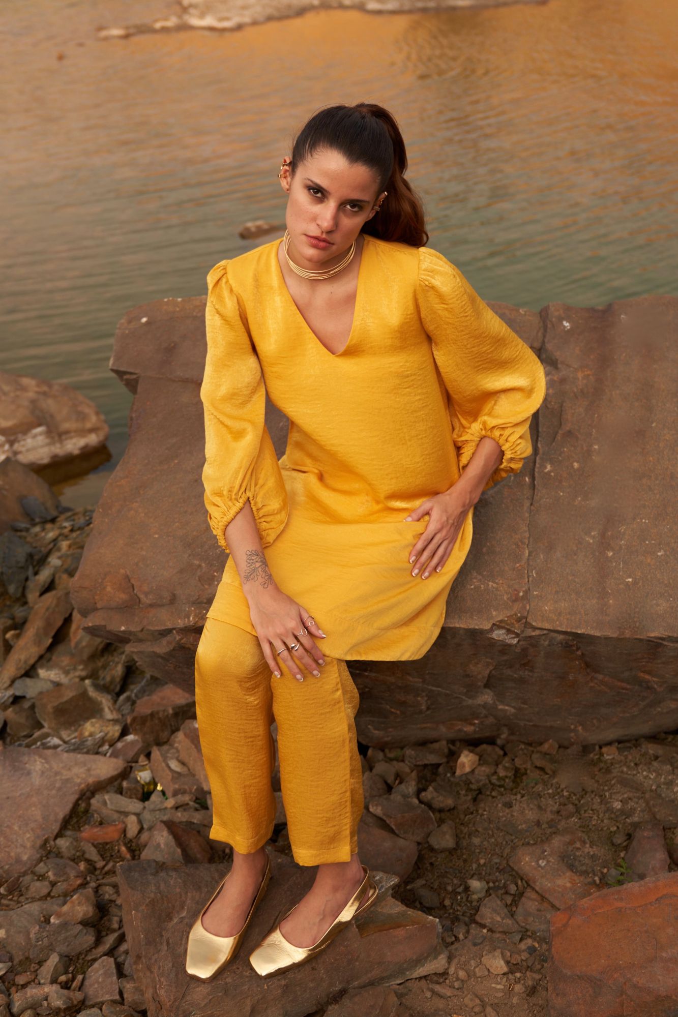 DESERT ROSE YELLOW SATIN CREPE 34TH LENGTH ELASTICATED SLEEVES V-NECK TUNIC WITH PANTS CO-ORDINATE