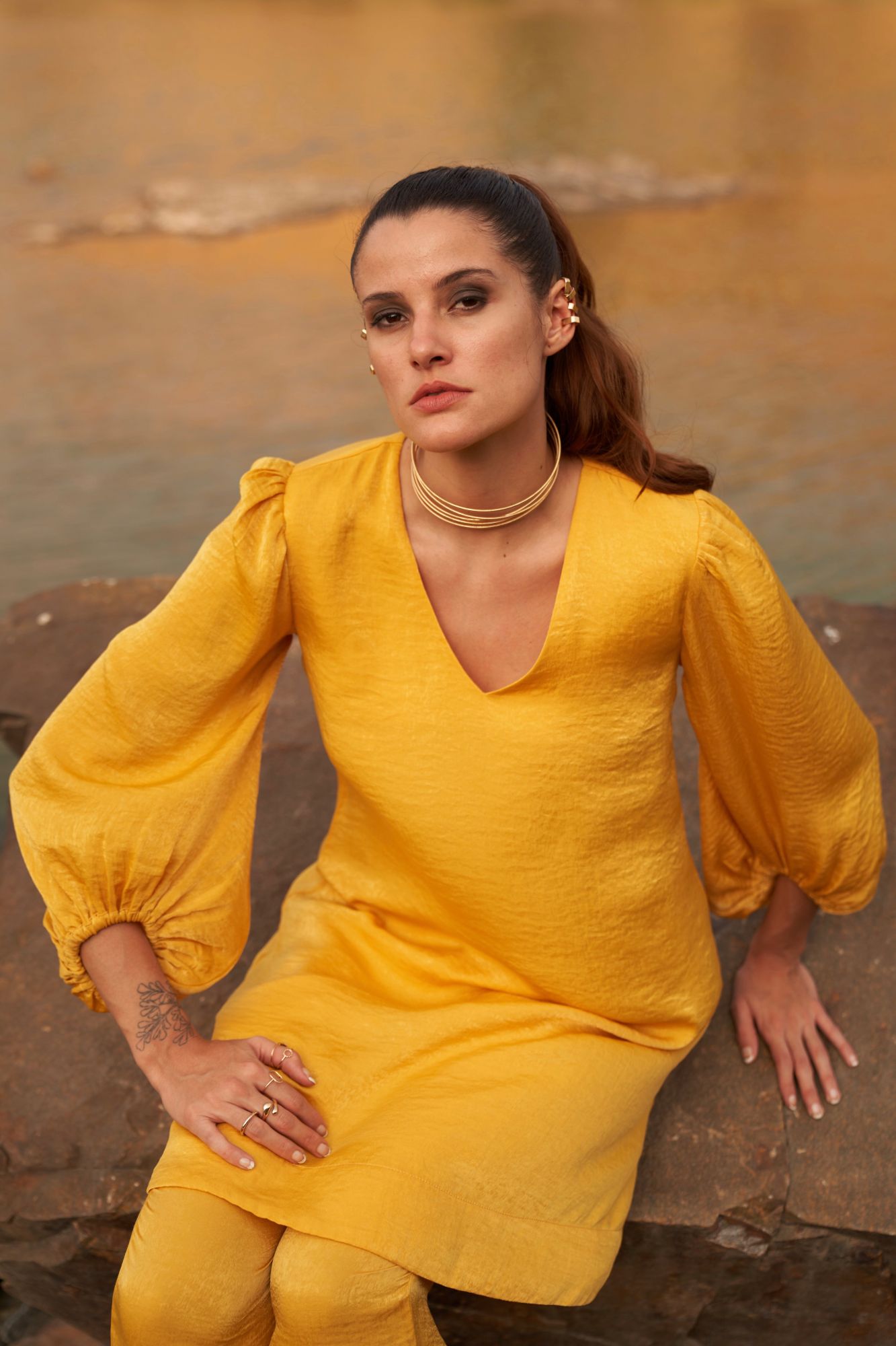 DESERT ROSE YELLOW SATIN CREPE 34TH LENGTH ELASTICATED SLEEVES V-NECK TUNIC WITH PANTS CO-ORDINATE