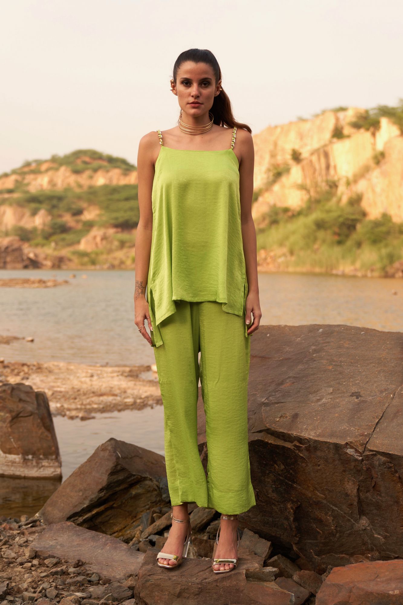 DESERT ROSE LIME GREEN SATIN CREPE METAL CHAIN STRAPS TUNIC WITH PANT CO-ORDINATE