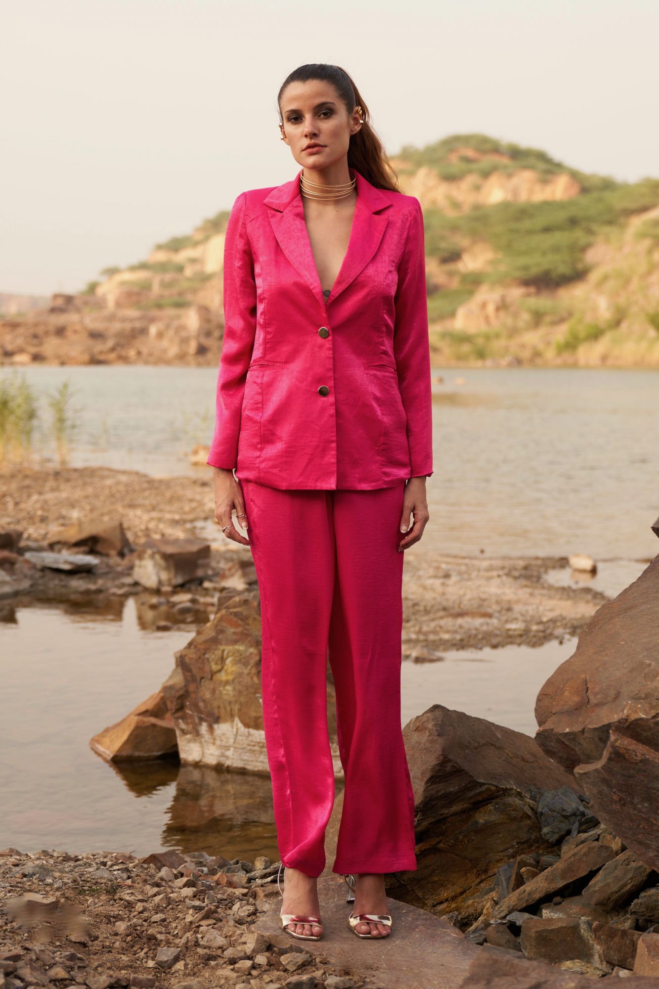DESERT ROSE FUSCHIA PINK SATIN CREPE FULL SLEEVES JACKET WITH PANT CO-ORDINATE