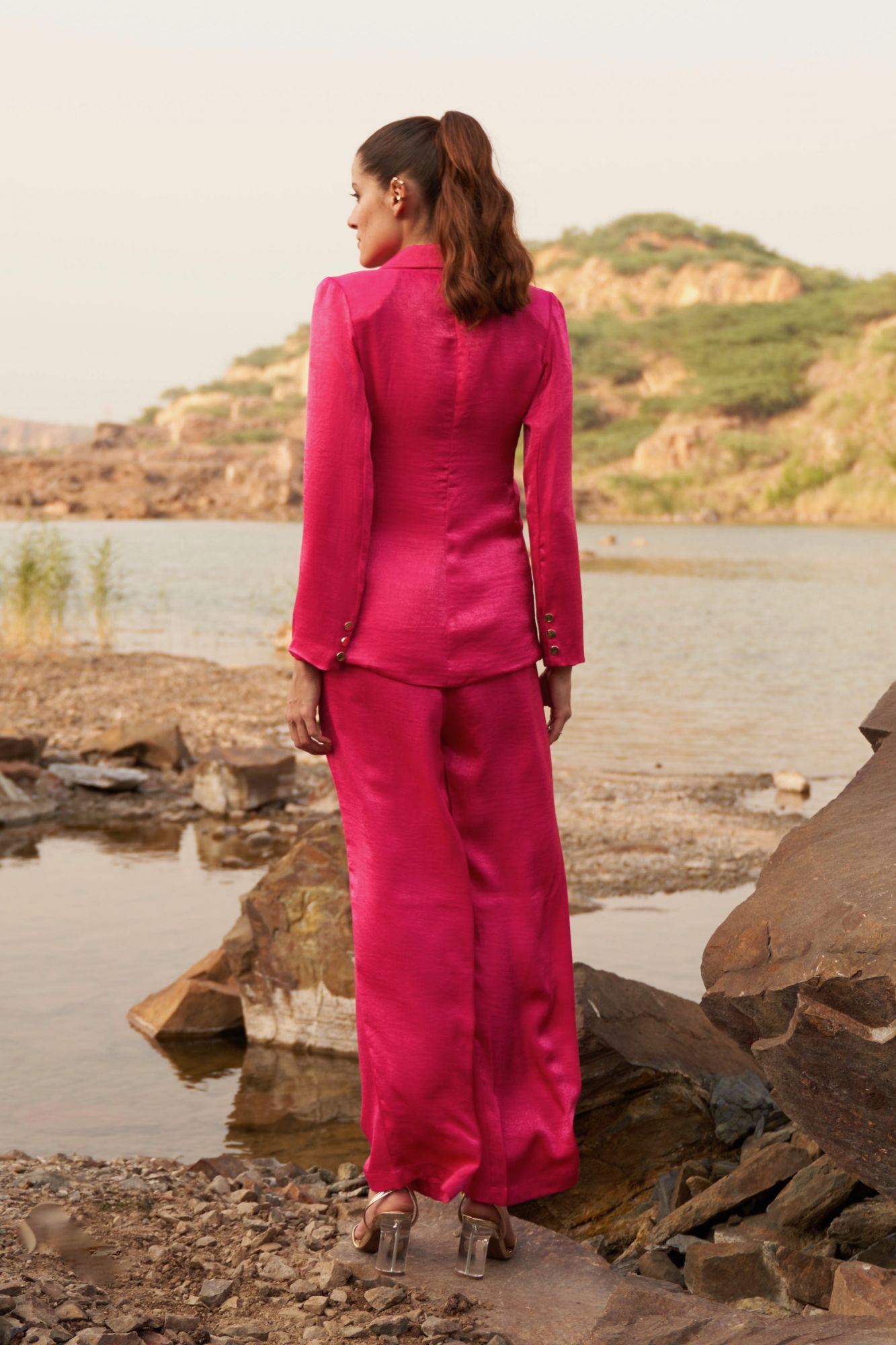 DESERT ROSE FUSCHIA PINK SATIN CREPE FULL SLEEVES JACKET WITH PANT CO-ORDINATE