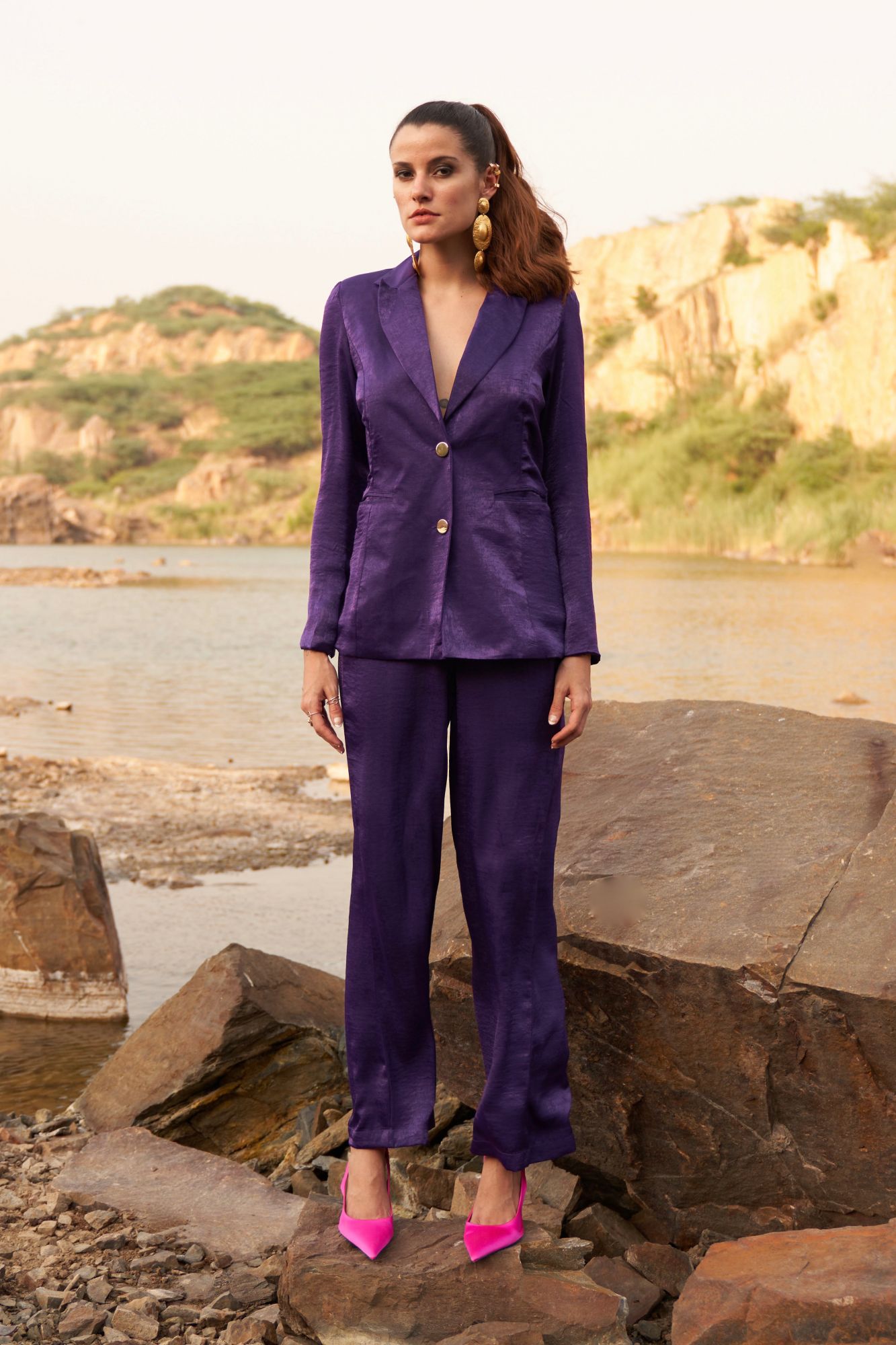 DESERT ROSE SOILD PURPLE COLOR SATIN CREPE FULL SLEEVES JACKET WITH PANT CO-ORDINATE