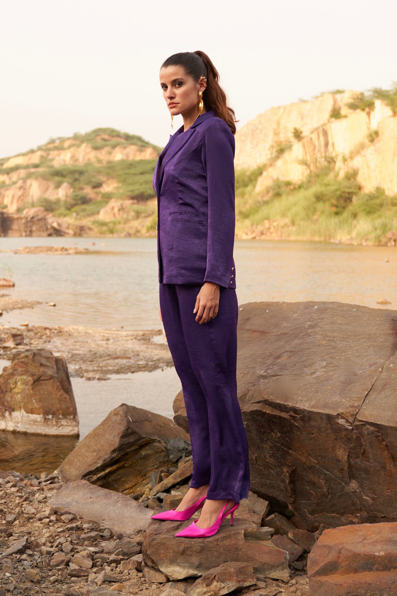 DESERT ROSE SOILD PURPLE COLOR SATIN CREPE FULL SLEEVES JACKET WITH PANT CO-ORDINATE
