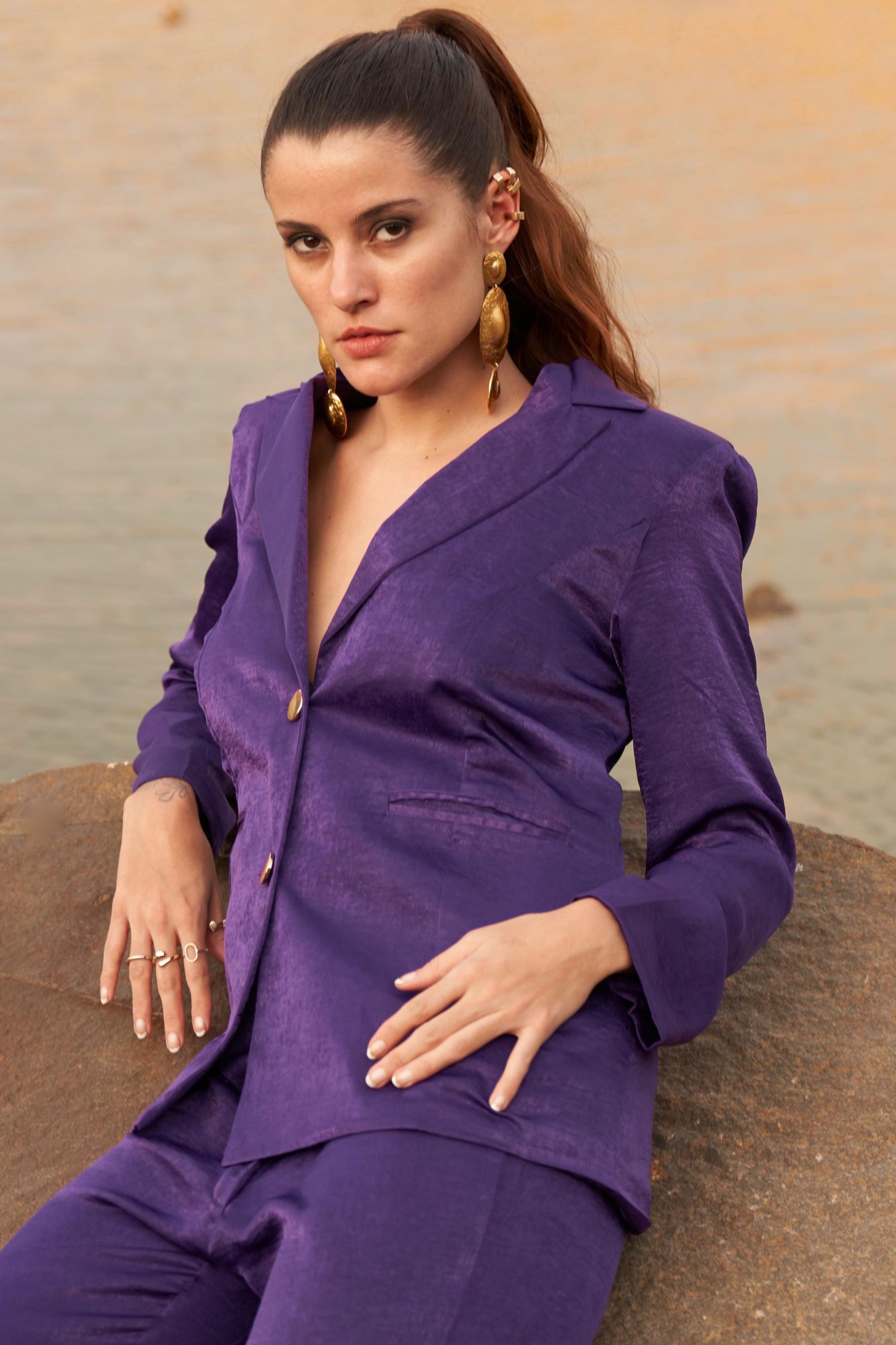 DESERT ROSE  SOILD PURPLE COLOR SATIN CREPE FULL SLEEVES JACKET WITH PANT CO-ORDINATE