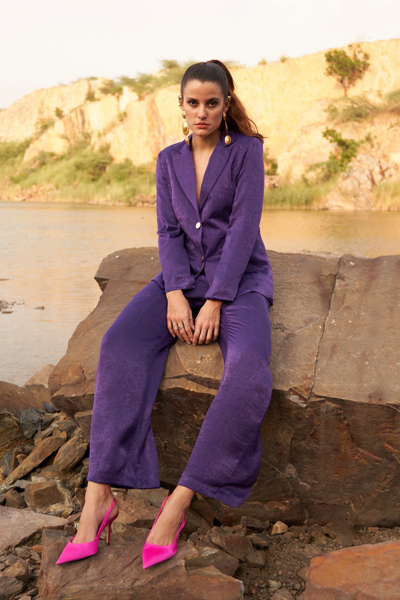 DESERT ROSE  SOILD PURPLE COLOR SATIN CREPE FULL SLEEVES JACKET WITH PANT CO-ORDINATE