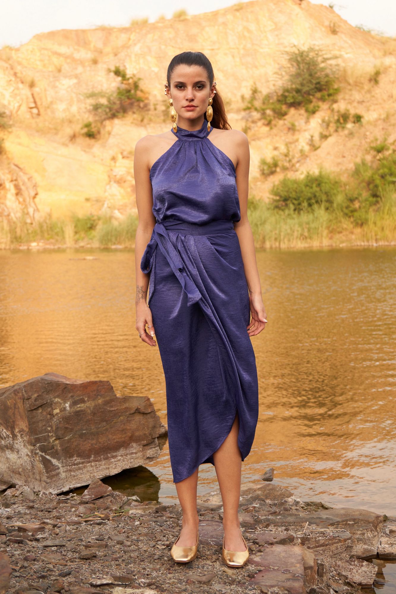 DESERT ROSE INK BLUE COLOR SATIN CREPE SLEEVELESS TOP WITH WRAP MIDI LENGTH SKIRT CO-ORDINATE