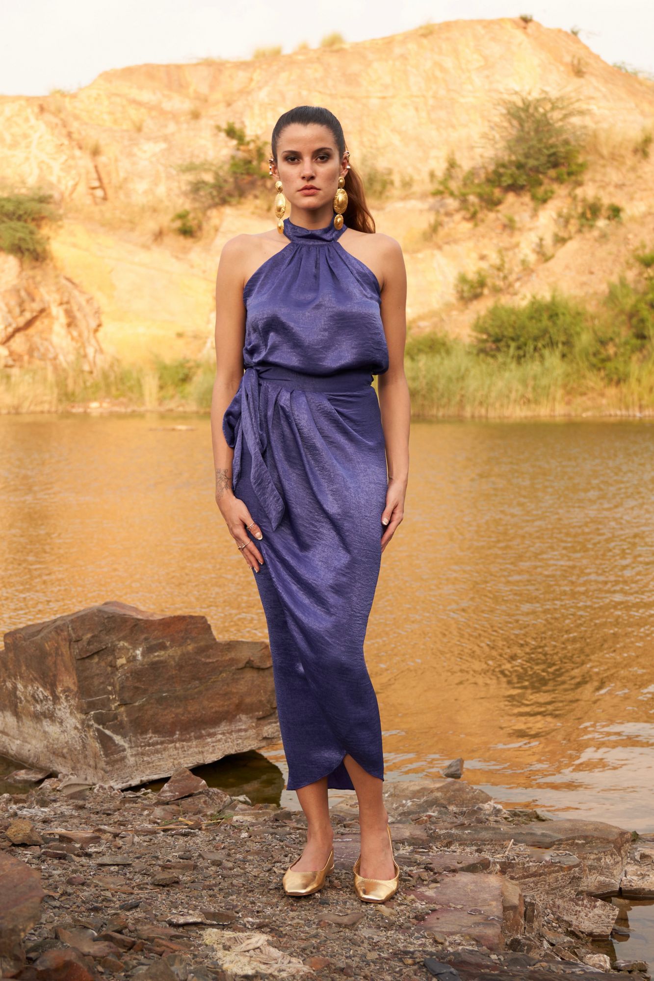 DESERT ROSE INK BLUE COLOR SATIN CREPE SLEEVELESS TOP WITH WRAP MIDI LENGTH SKIRT CO-ORDINATE