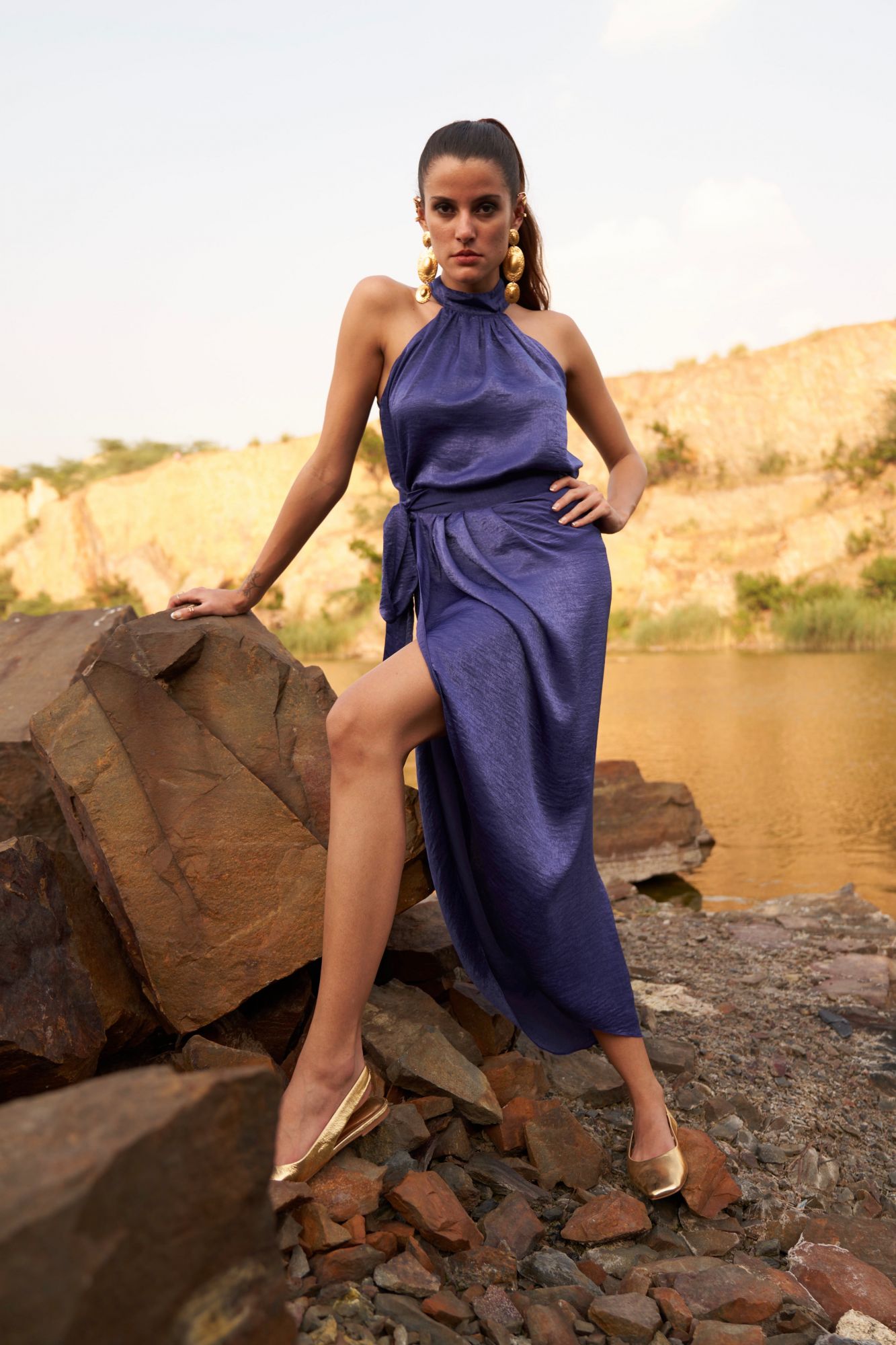 DESERT ROSE INK BLUE COLOR SATIN CREPE SLEEVELESS TOP WITH WRAP MIDI LENGTH SKIRT CO-ORDINATE