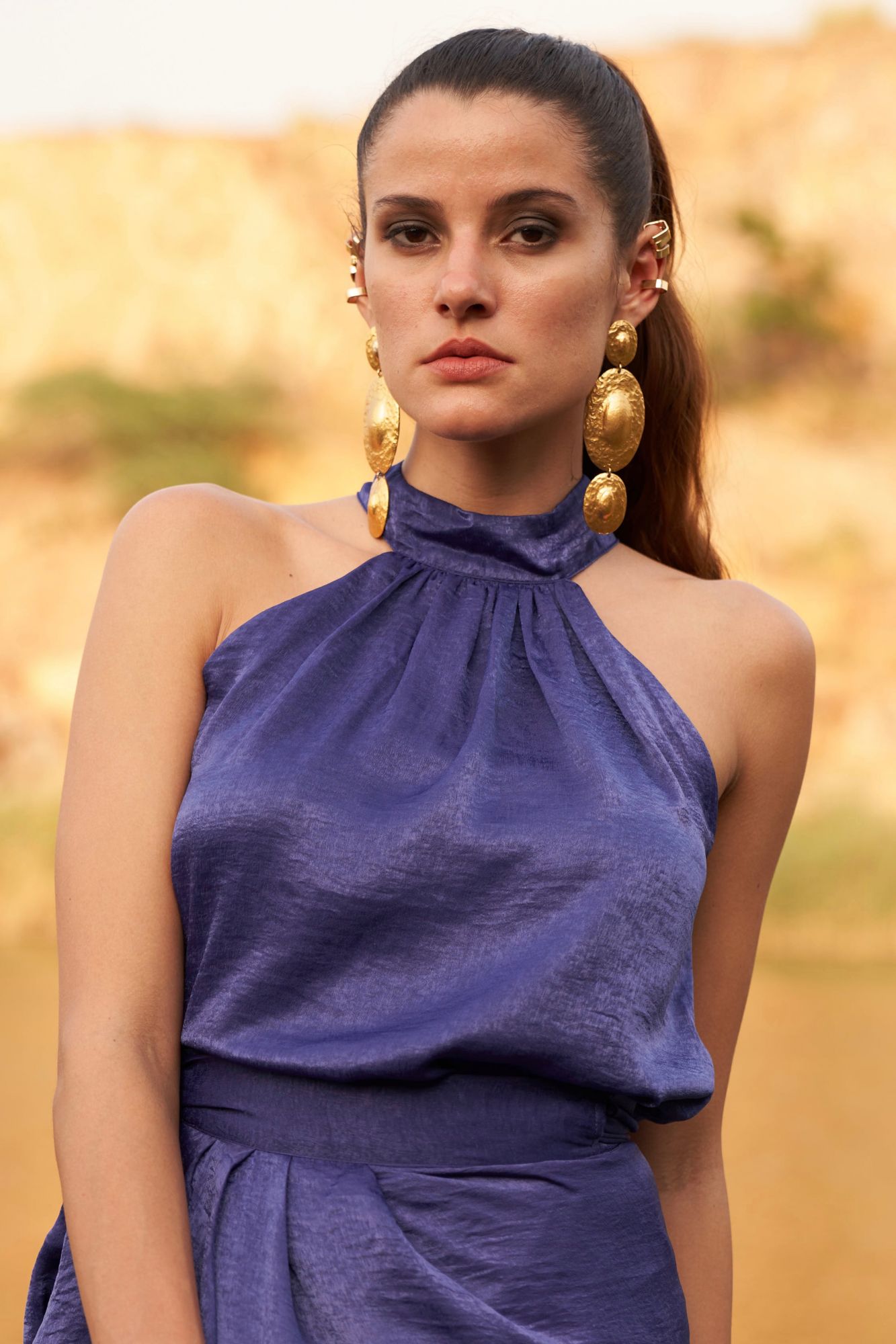 DESERT ROSE INK BLUE COLOR SATIN CREPE SLEEVELESS TOP WITH WRAP MIDI LENGTH SKIRT CO-ORDINATE