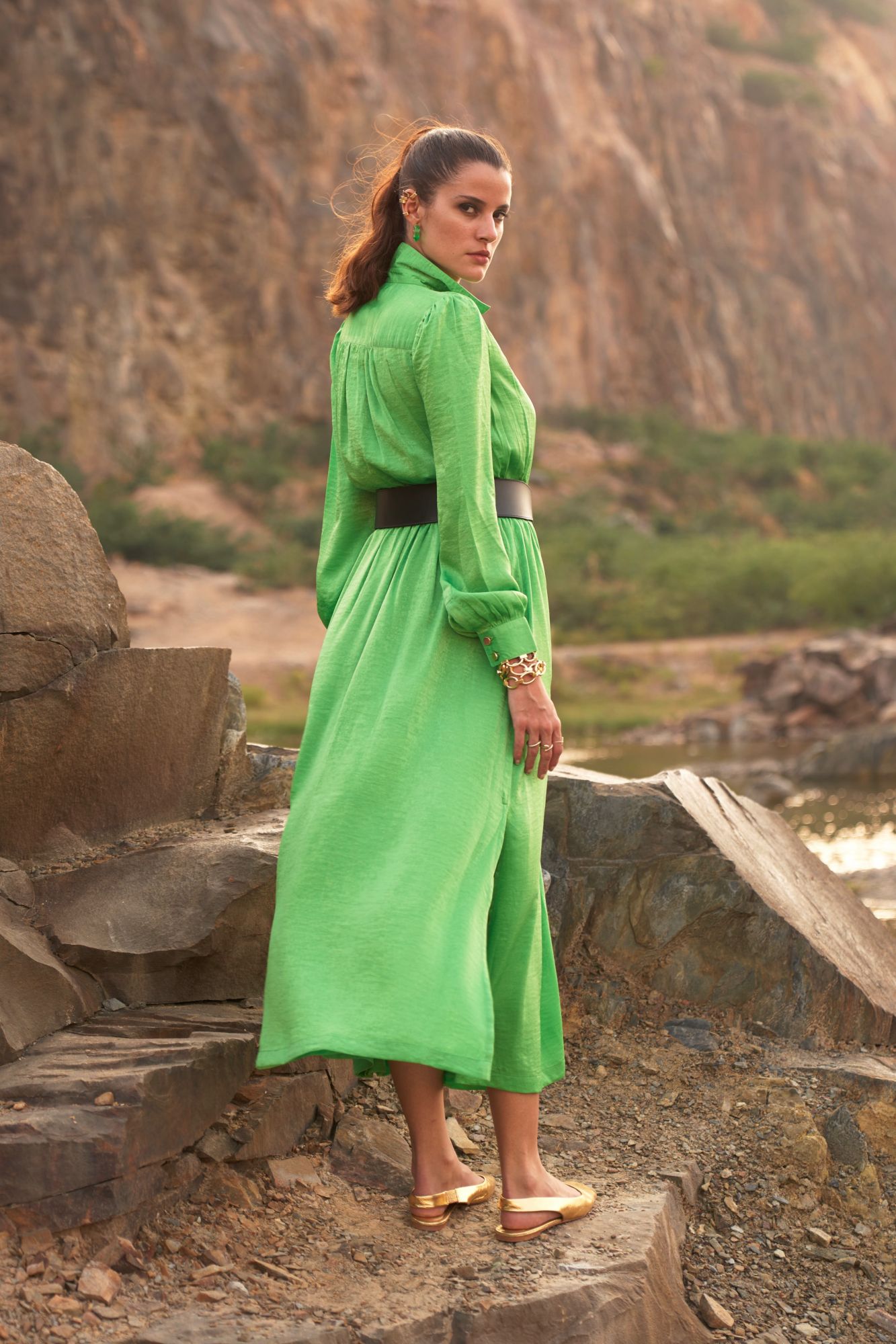 DESERT ROSE GREEN SATIN ANKLE LENGTH FULL SLEEVES COLLARED SHIRT DRESS WITH FRONT OPENING