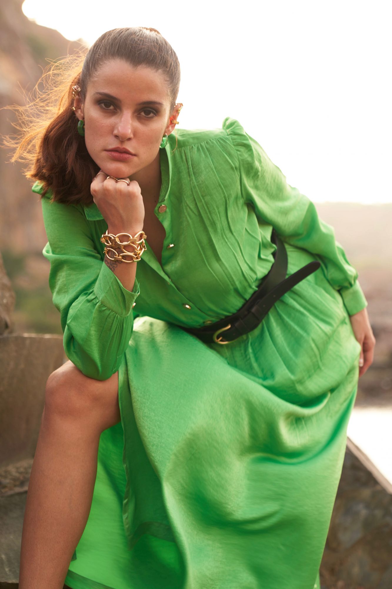 DESERT ROSE GREEN SATIN ANKLE LENGTH FULL SLEEVES COLLARED SHIRT DRESS WITH FRONT OPENING