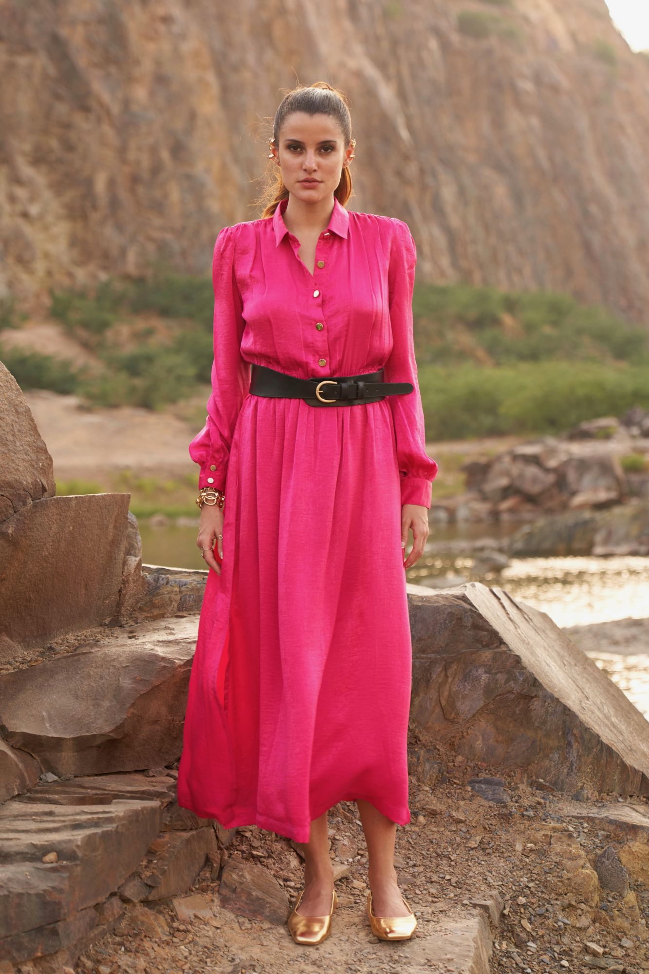 DESERT ROSE FUSCHIA PINK SATIN ANKLE LENGTH SHIRT DRESS WITH FULL SLEEVES AND FRONT OPENING