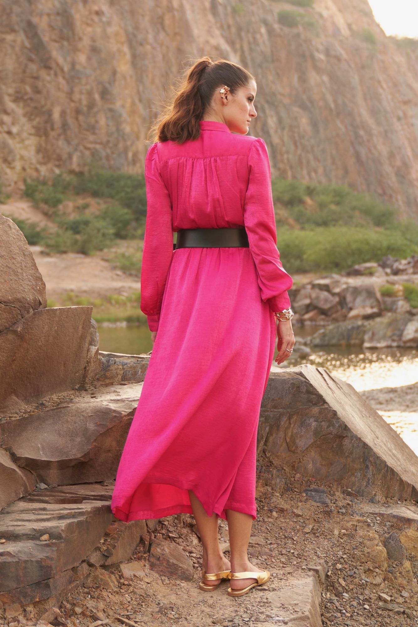 DESERT ROSE FUSCHIA PINK SATIN ANKLE LENGTH SHIRT DRESS WITH FULL SLEEVES AND FRONT OPENING