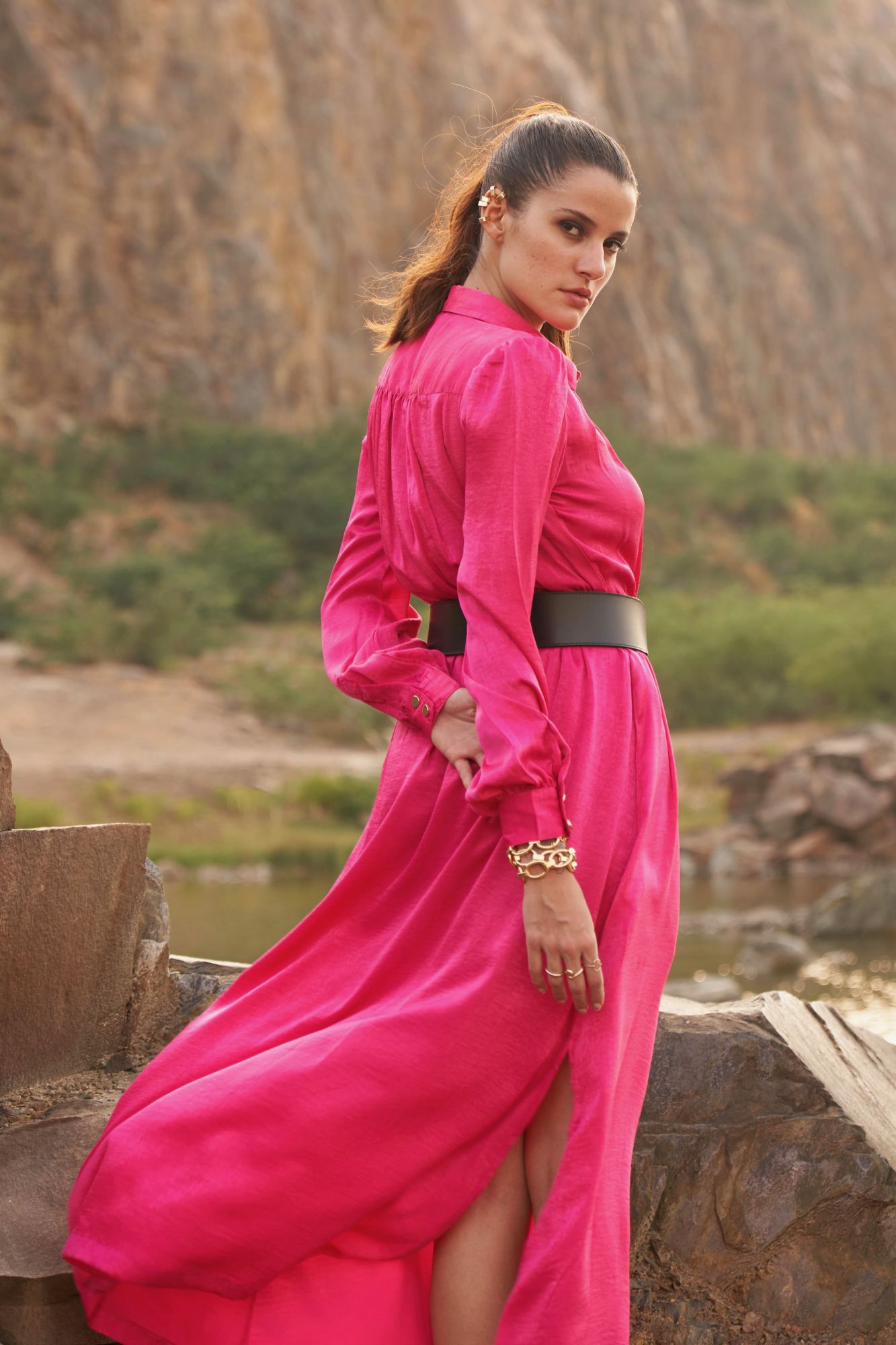 DESERT ROSE FUSCHIA PINK SATIN ANKLE LENGTH SHIRT DRESS WITH FULL SLEEVES AND FRONT OPENING