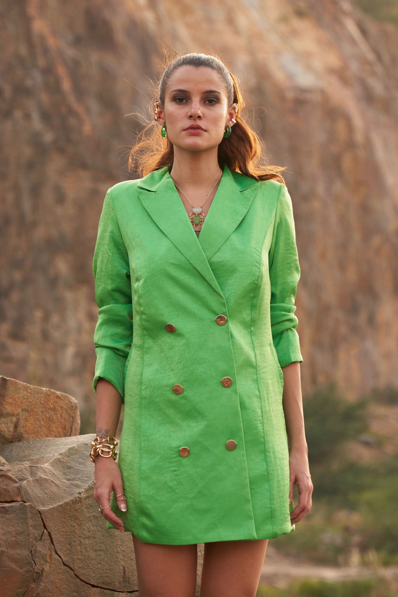 DESERT ROSE GREEN COLOR SATIN CREPE DOUBLE BREASTED FULL SLEEVES MINI LENGTH JACKET DRESS