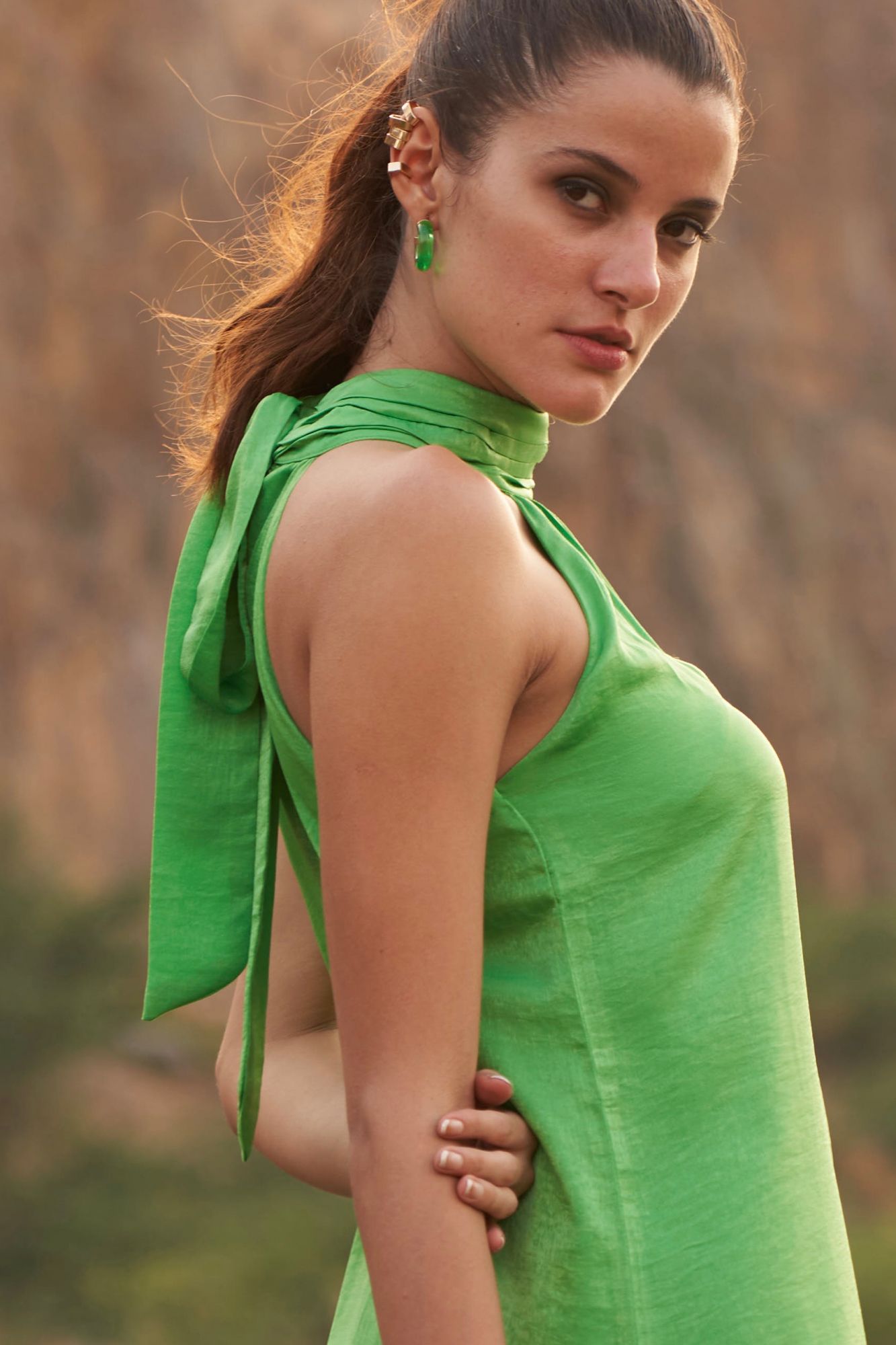 DESERT ROSE GREEN COLOR SATIN CREPE FABRIC SLEEVELESS MIDI LENGTH A-LINE DRESS
