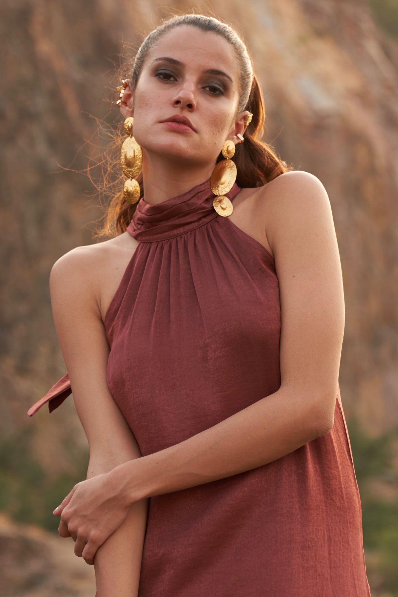 DESERT ROSE BROWN COLOR SATIN CREPE SLEEVELESS A-LINE MIDI LENGTH DRESS