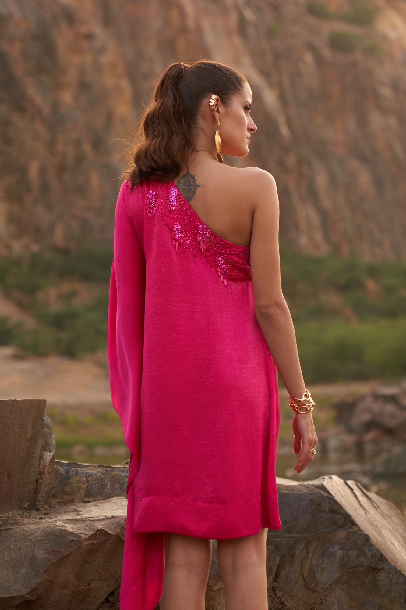 DESERT ROSE FUSCHIA PINK KAFTAN ONE SIDED SHOULDER KNEE LENGTH DRESS WITH SEQUIN BEAD HAND WORK